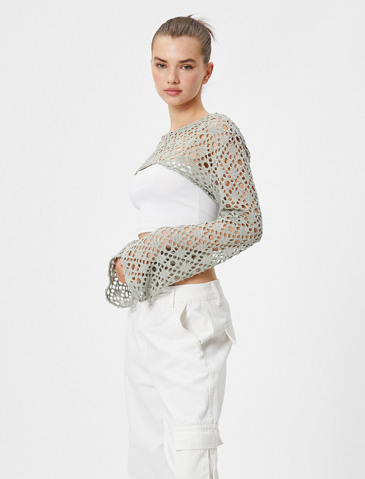 Ajurlu Kroşe Bolero Tişört Uzun Kollu Bisiklet Yaka