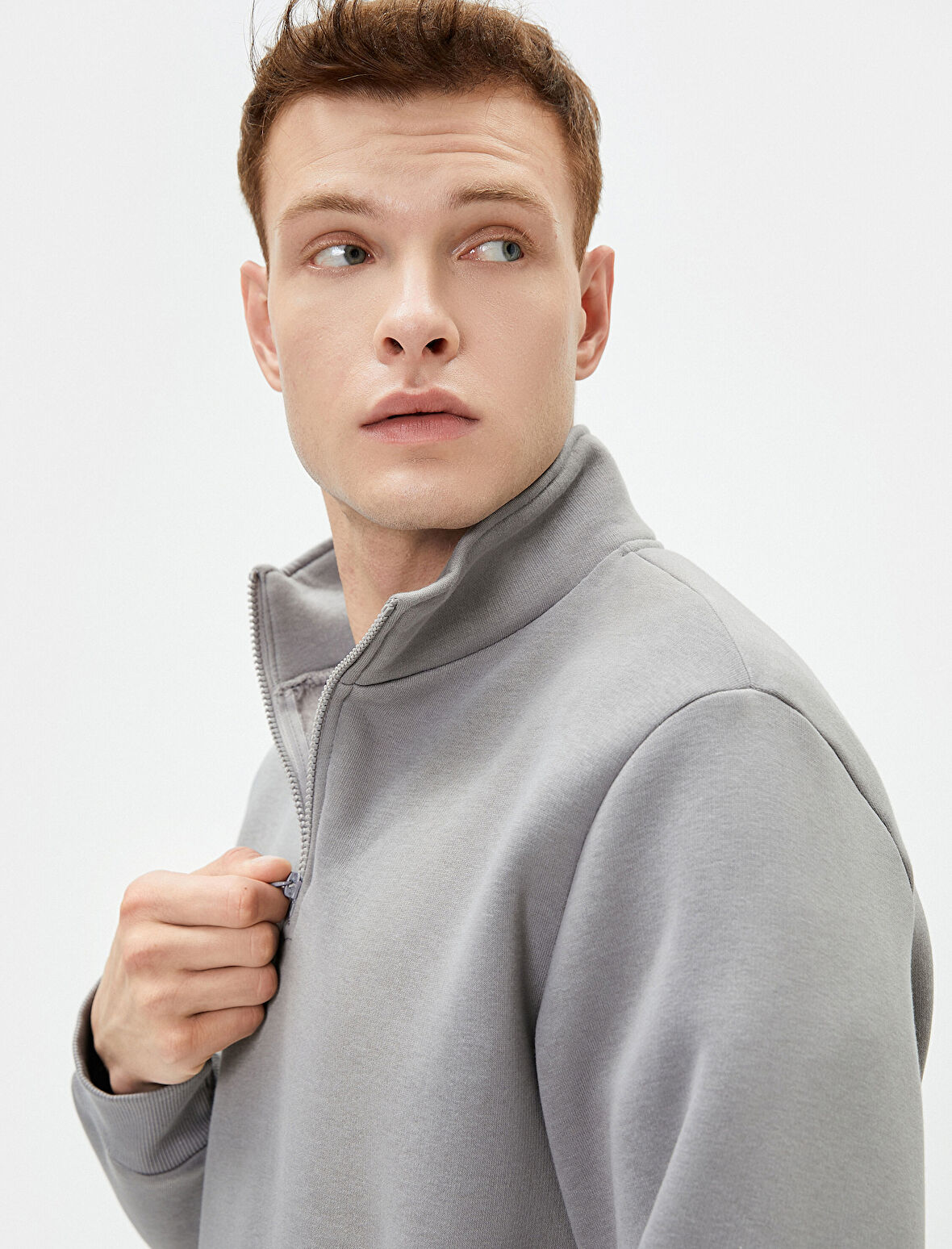 Yarım Fermuarlı Sweatshirt Basic Dik Yaka Ribanalı Uzun Kollu