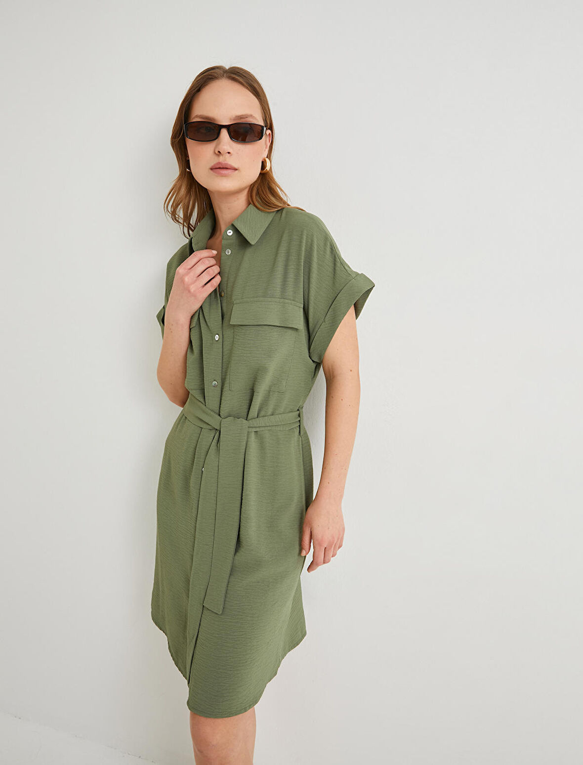 Gömlek Elbise Beli Kuşaklı Düğmeli Cepli