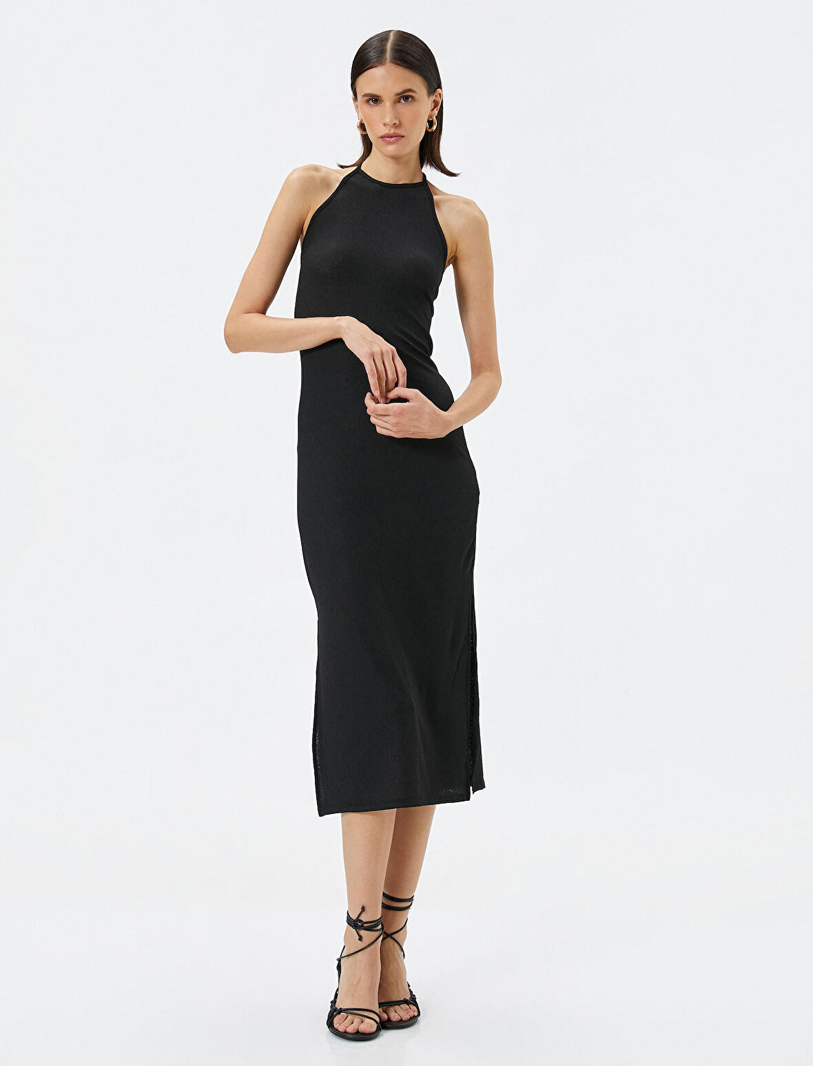 Triko Elbise Midi Halter Yaka Yırtmaçlı