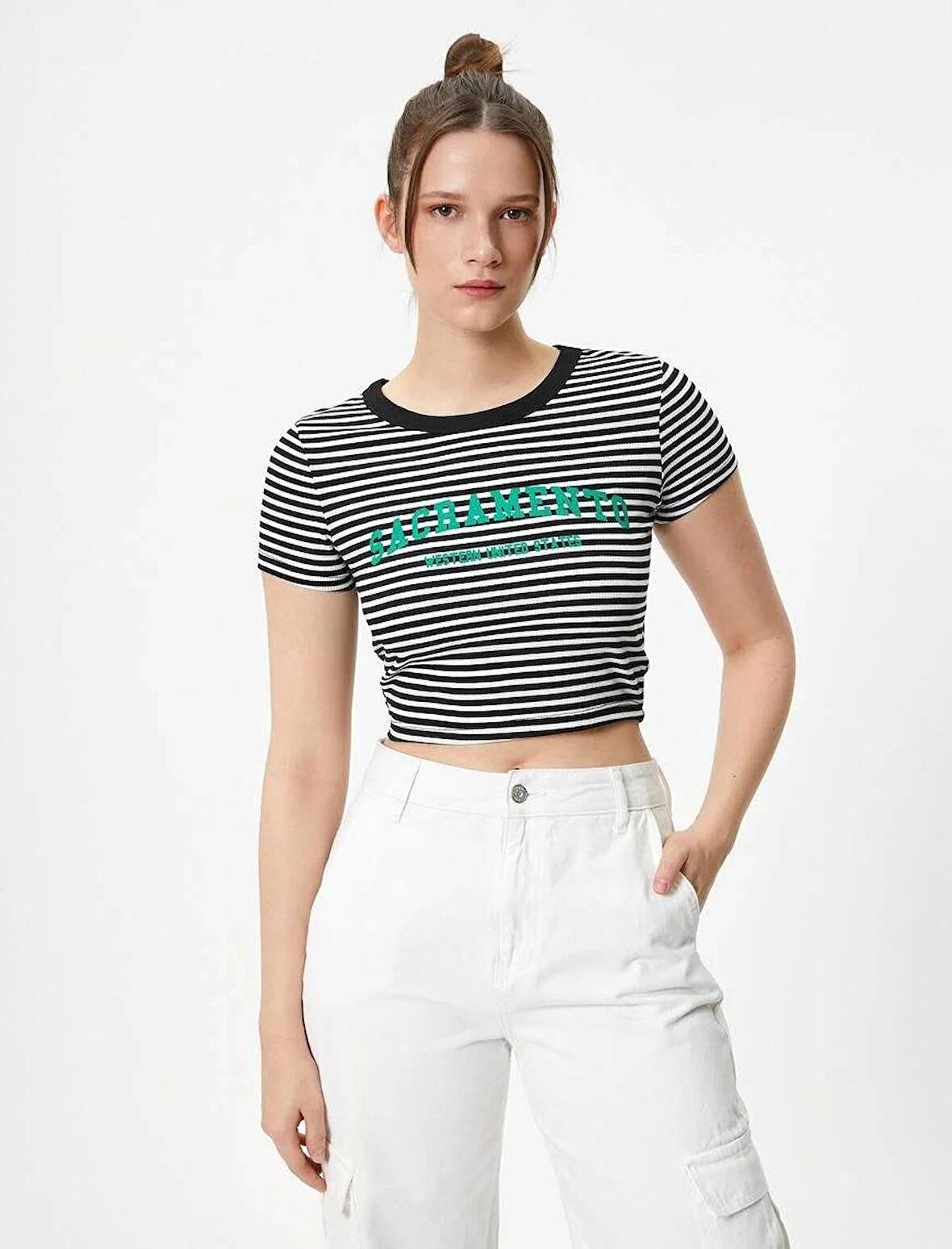 4SAL10017IK Koton Kadın T-shirt Siyah Çizgili