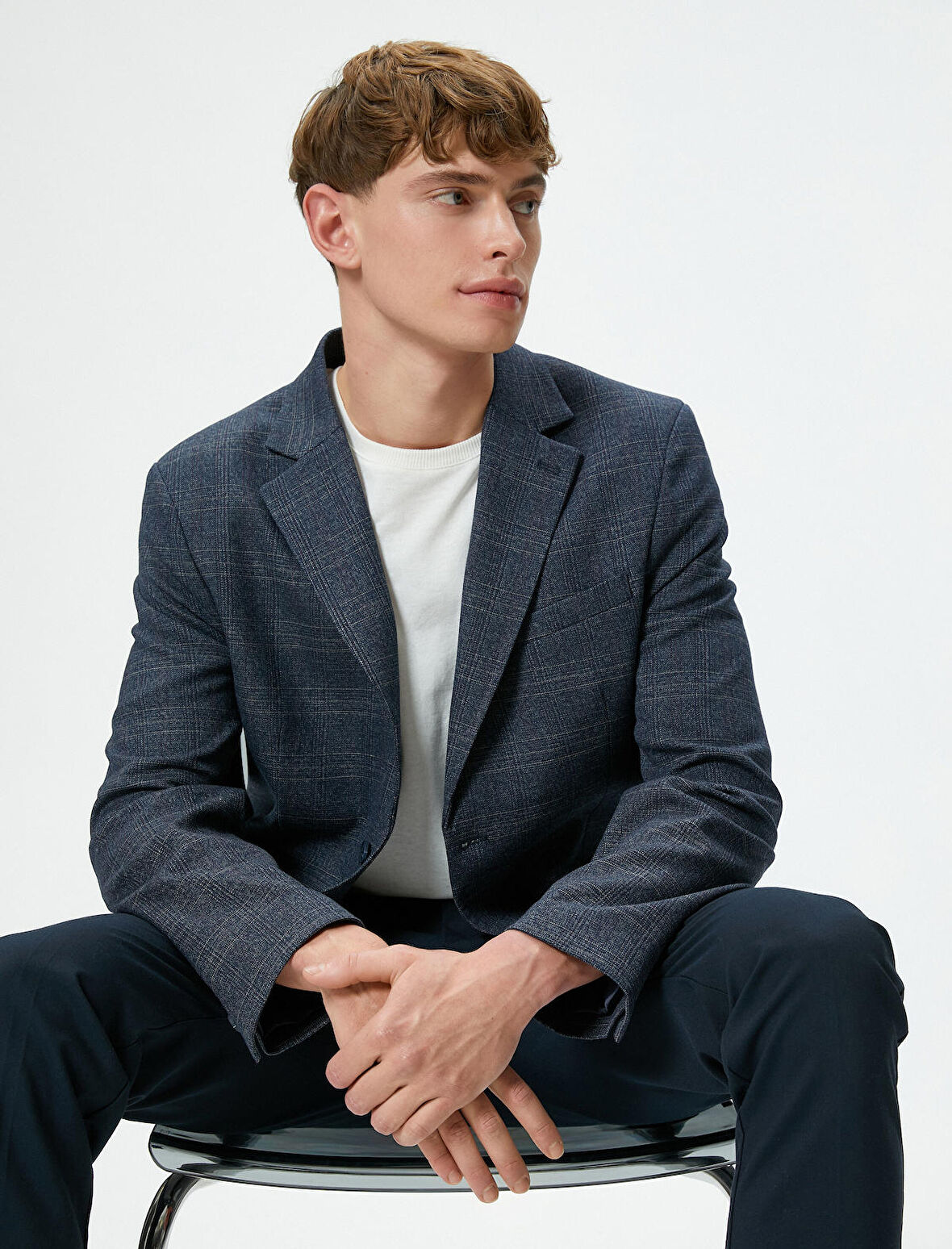 Blazer Ceket Ekoseli Slim Fit Düğmeli Çift Cep Detaylı Mono Yaka