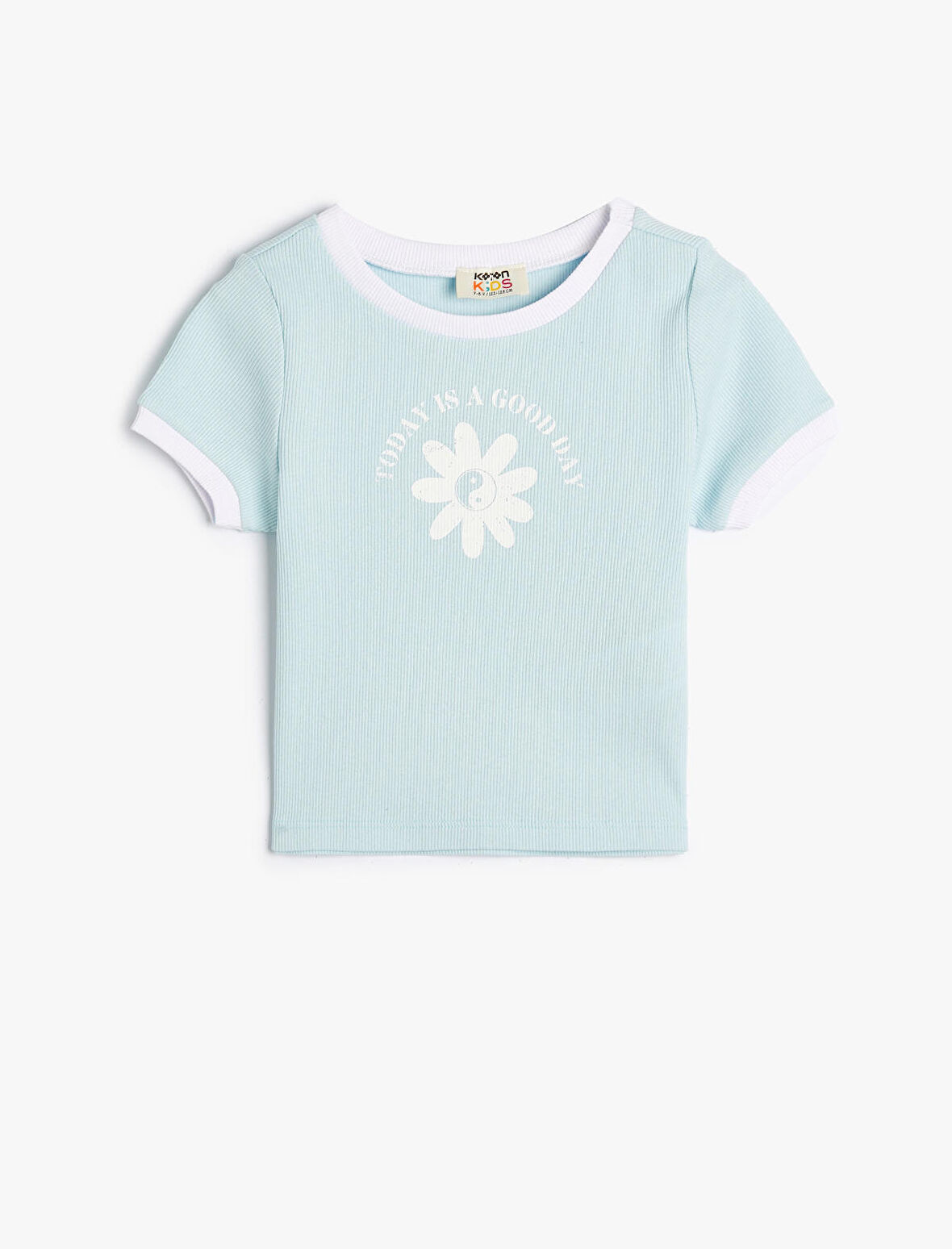 Crop Tişört Çiçek Baskılı Kısa Kollu Bisiklet Yaka Pamuklu