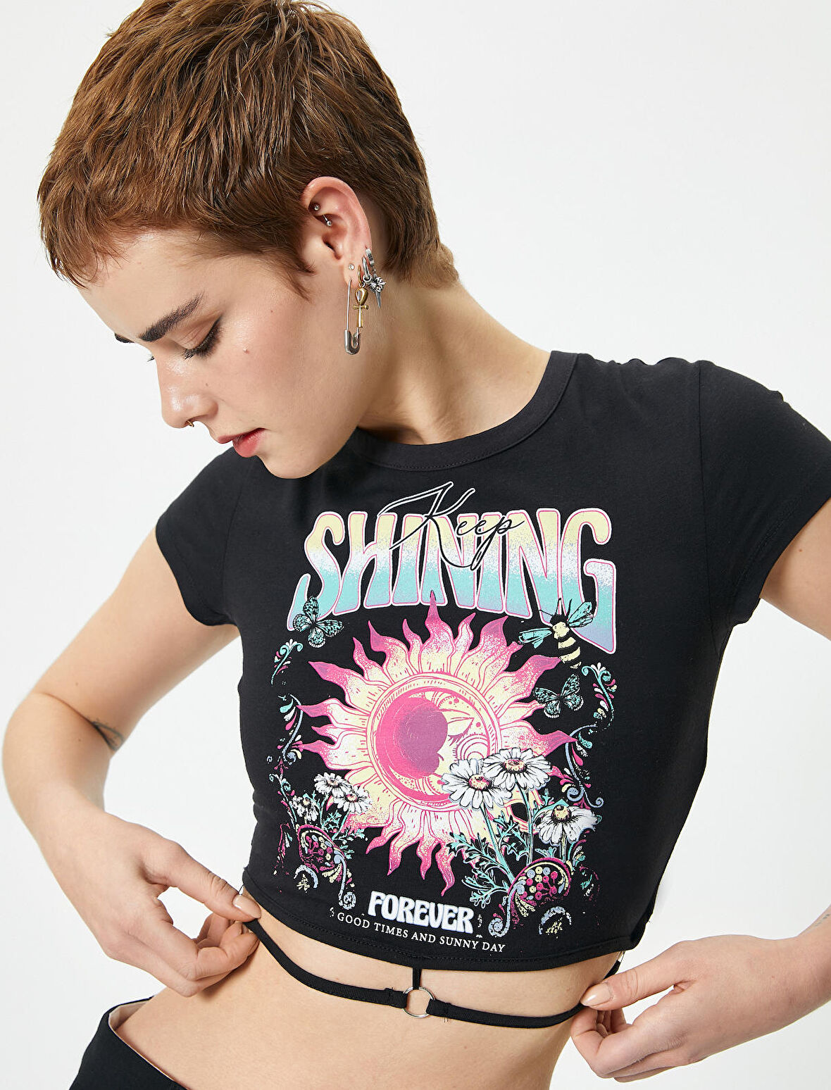 Crop Baskılı Tişört Bağlama Detaylı Kısa Kollu Bisiklet Yaka Pamuklu