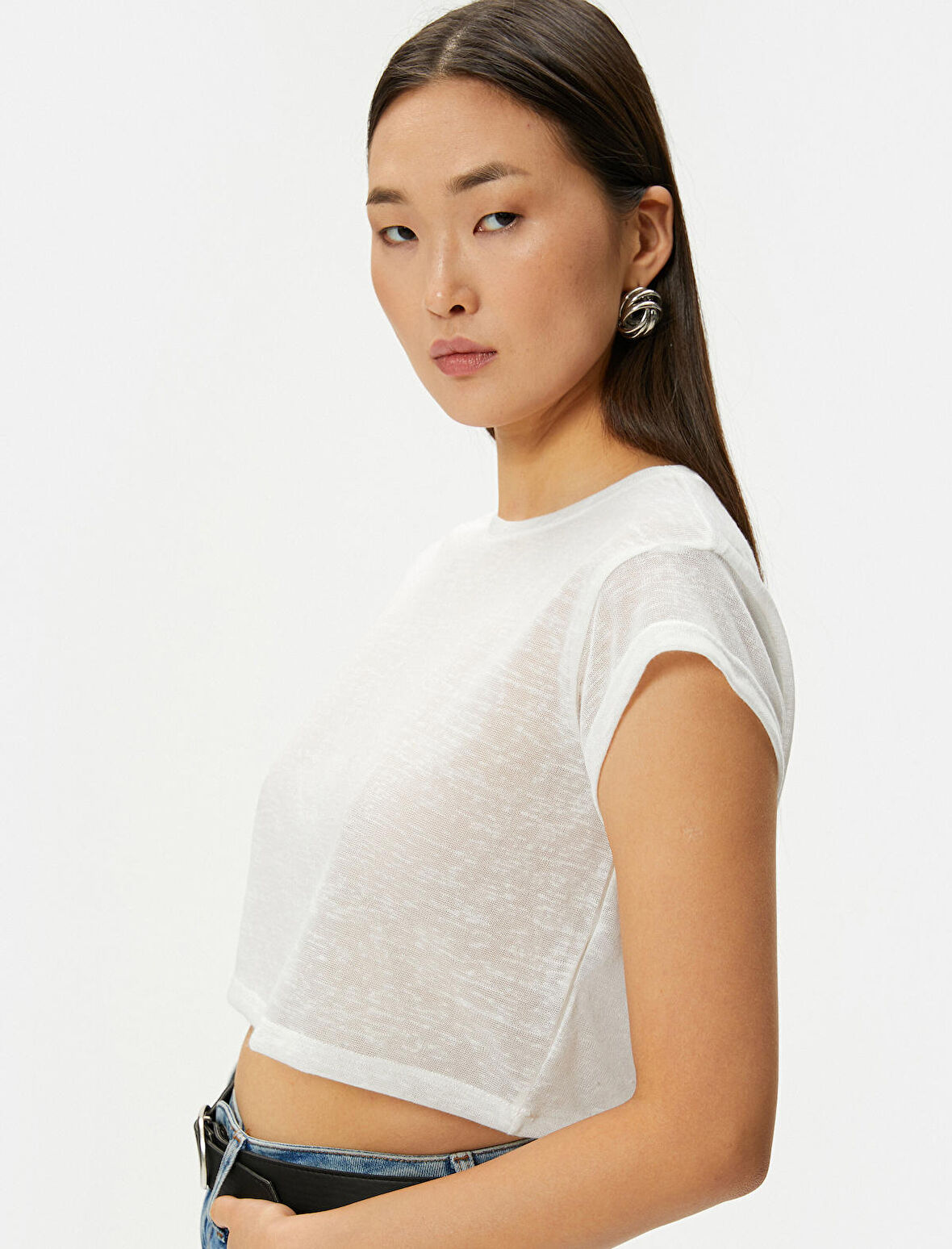 Crop Tişört Kısa Kollu Slim Fit Bisiklet Yaka