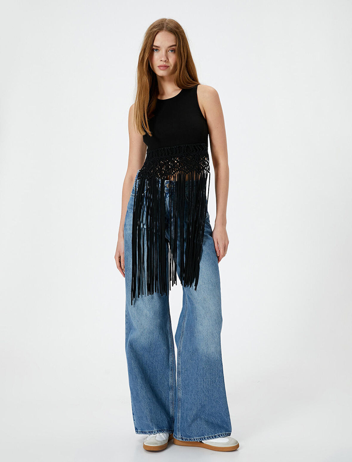 Uzun Püsküllü Üst Kolsuz Slim Fit Pamuklu