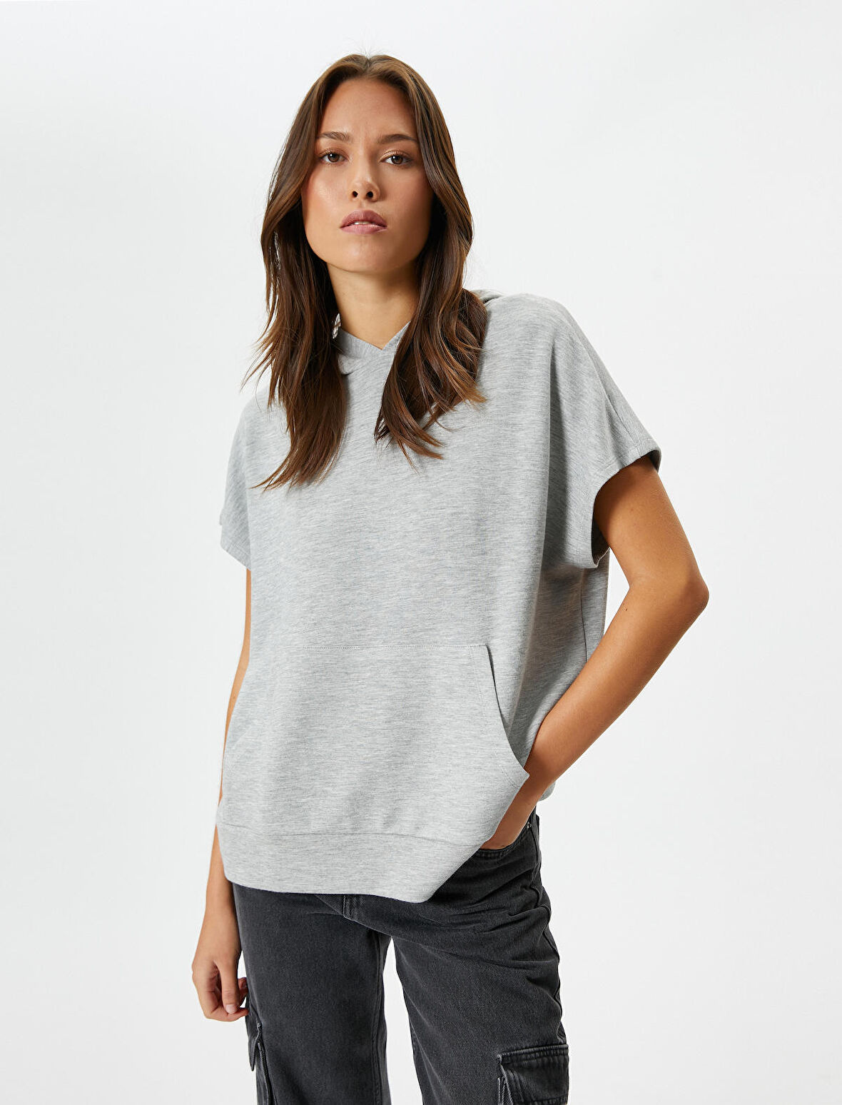 Kapşonlu Sweatshirt Kısa Kollu Kanguru Cepli Viskoz