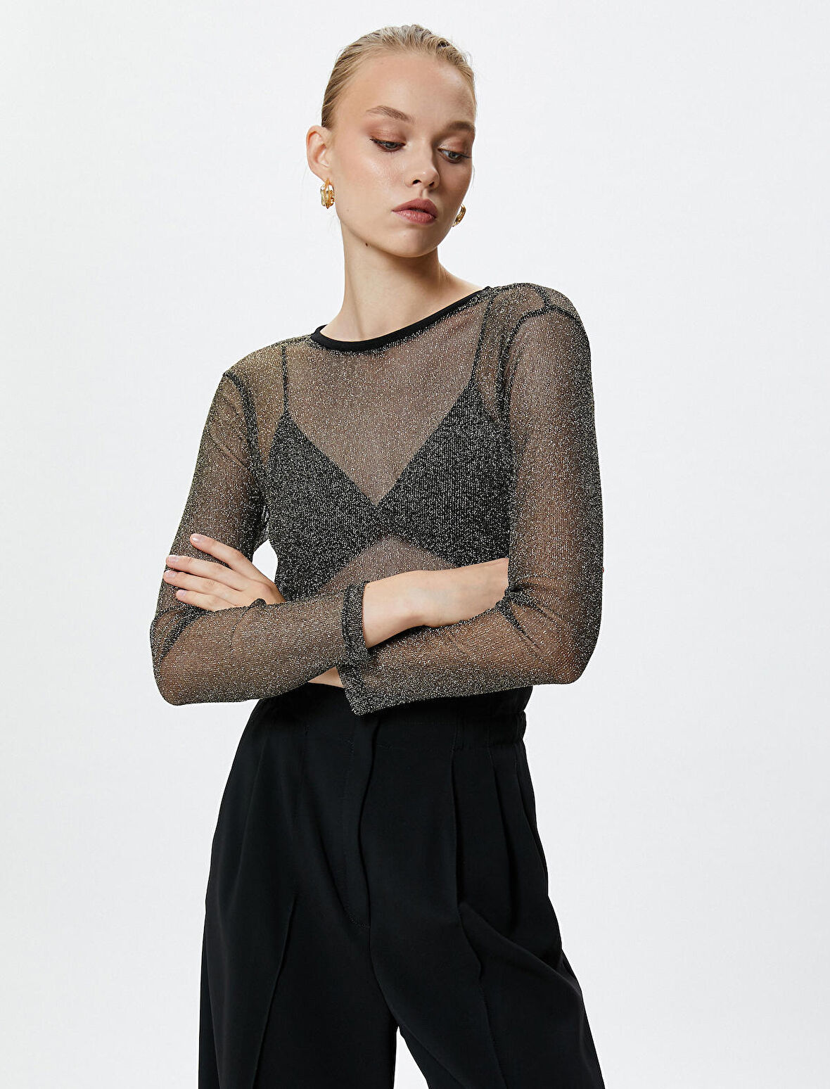 Transparan Tişört Simli Uzun Kollu Bisiklet Yaka