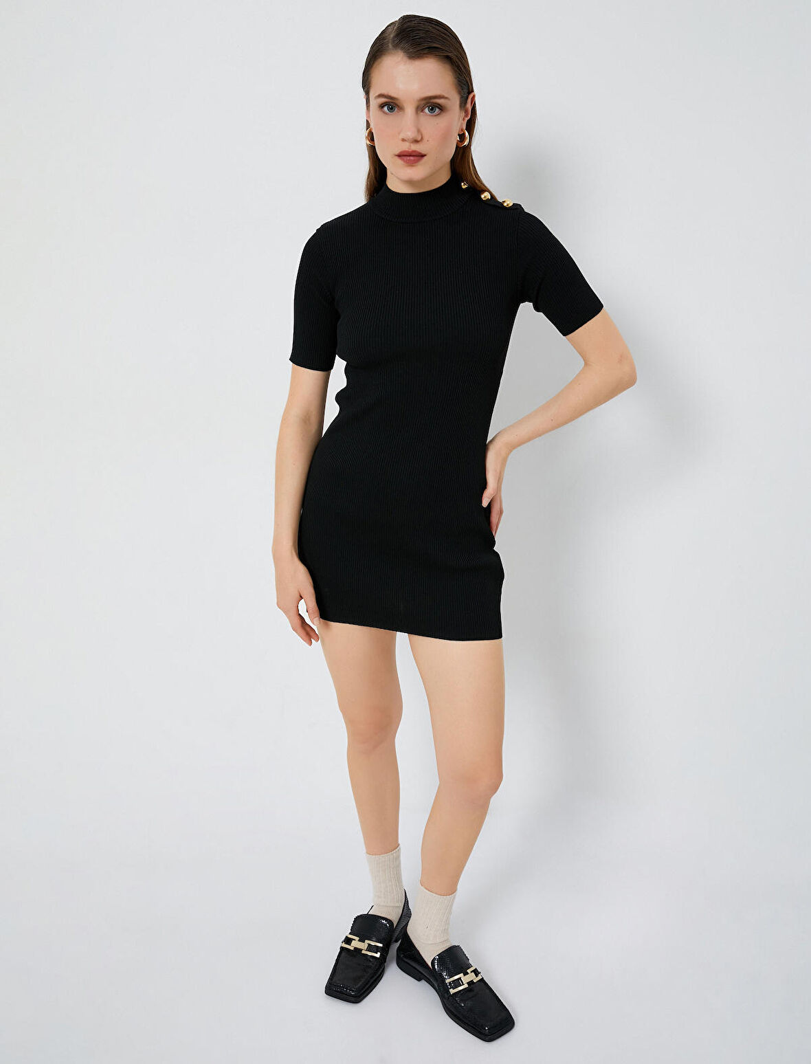 Mini Triko Elbise Fitilli Kısa Kollu Dik Yaka