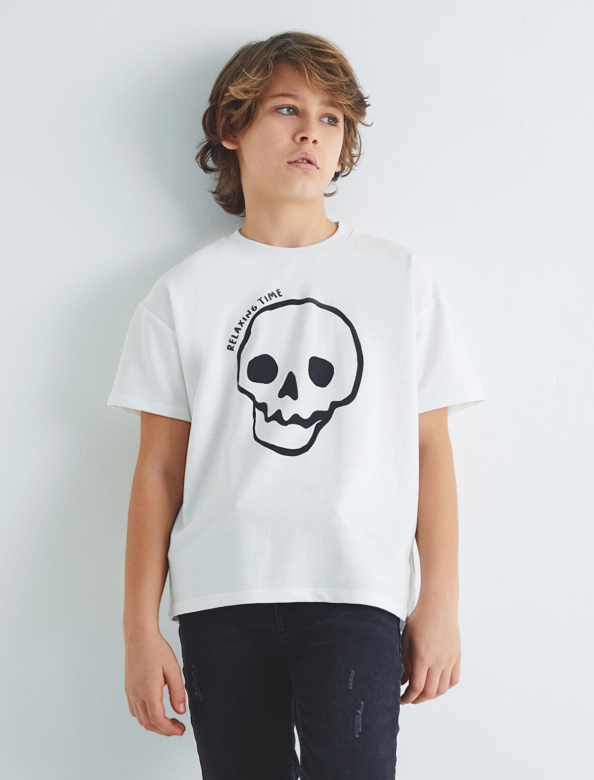 Tişört Kurukafa Baskılı Kısa Kollu Bisiklet Yaka Pamuklu