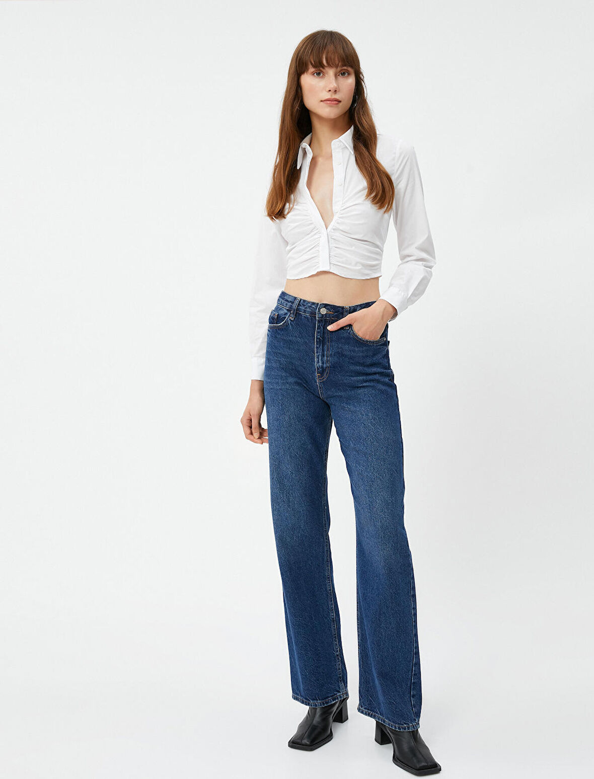 Crop Gömlek Drapeli Klasik Yaka Düğmeli Uzun Kollu 