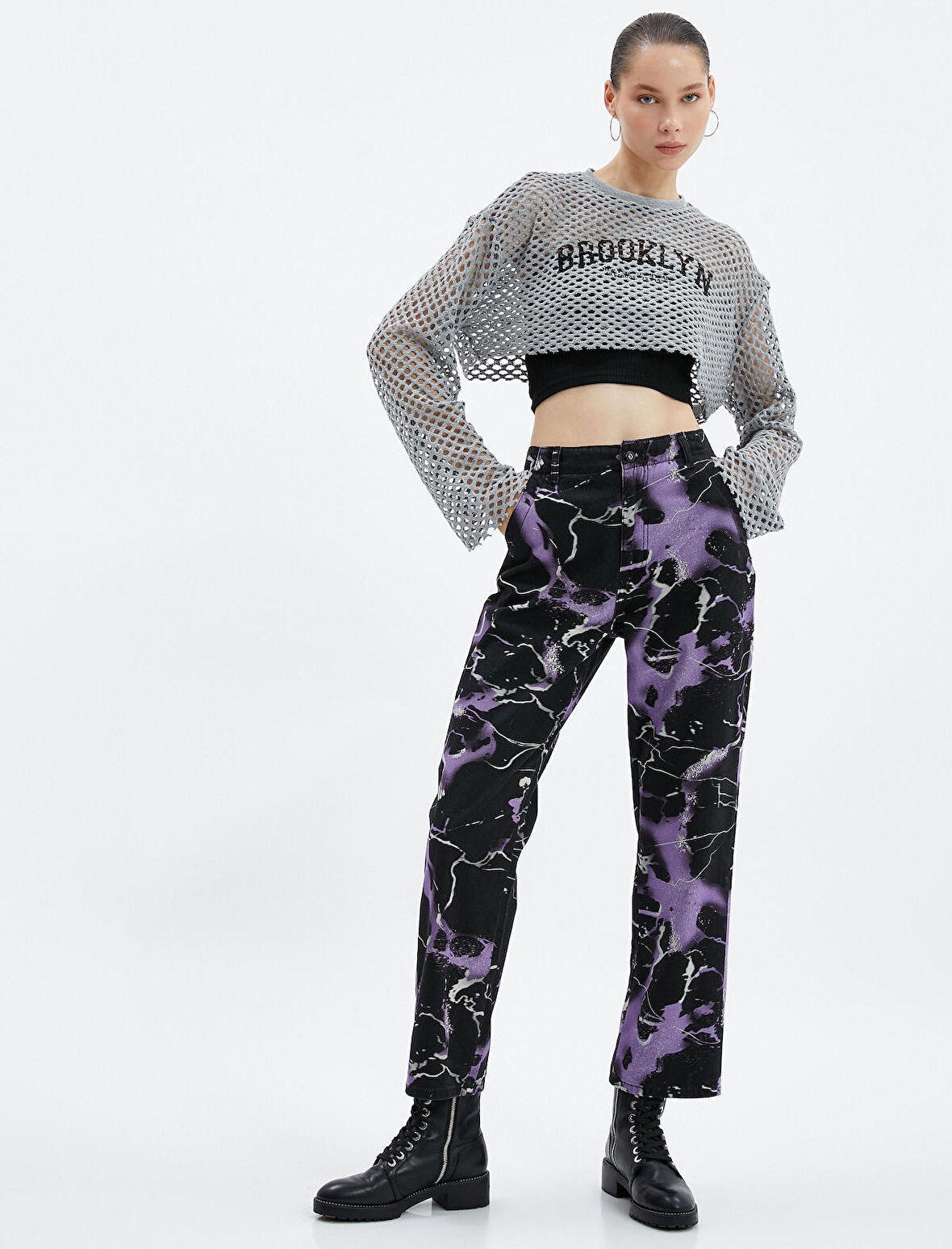 File Crop Tişört Kolej Baskılı  Uzun İspanyol Kol Yuvarlak Yaka