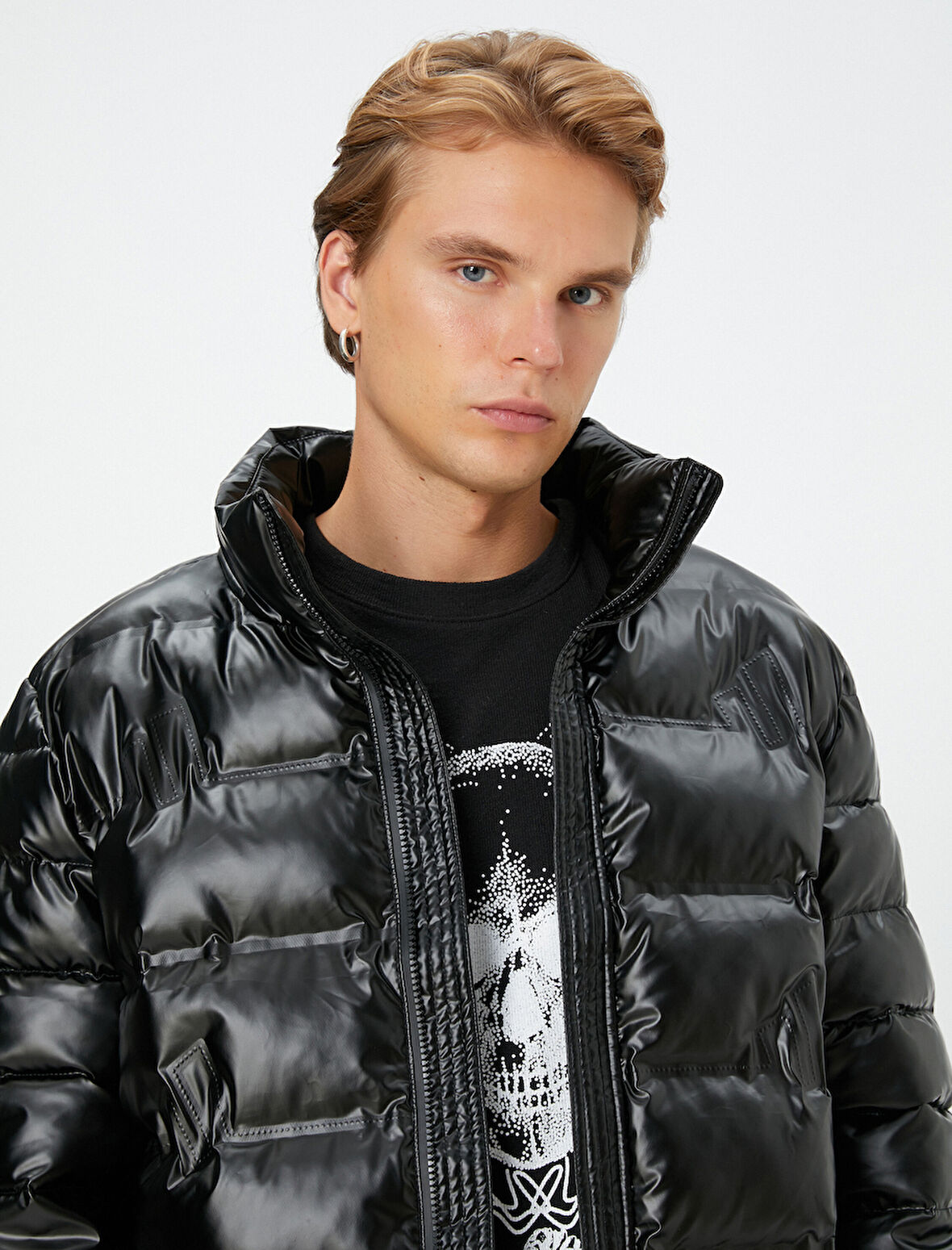 Şişme Mont Deri Görünümlü Fermuarlı Dik Yaka