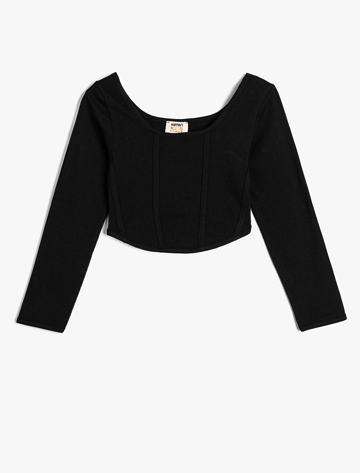 Crop Tişört Uzun Kollu Yuvarlak Yaka Dikiş Detaylı Pamuklu