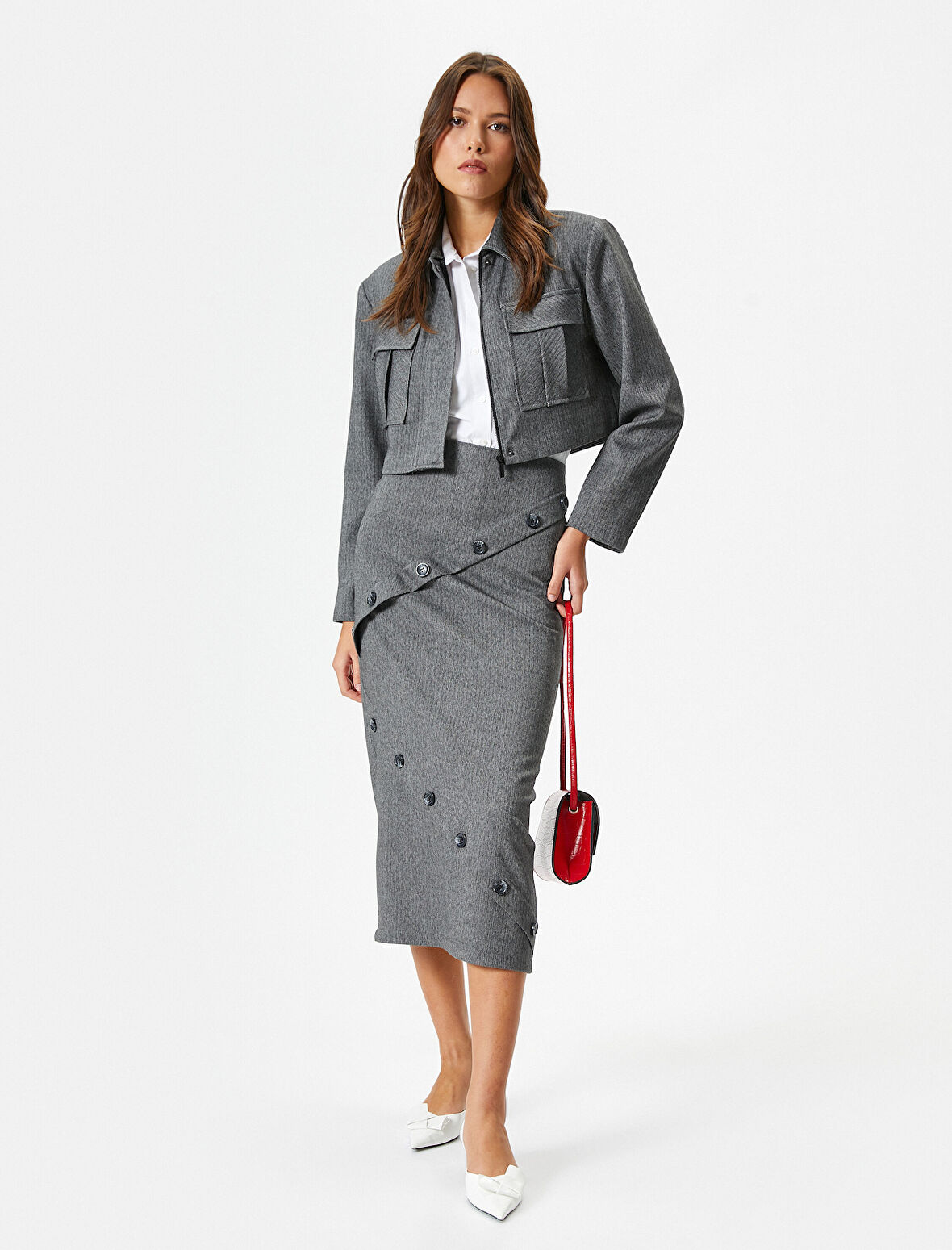 Midi Kalem Etek Düğme Detaylı Normal Bel