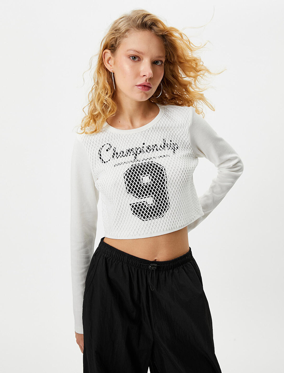 Fileli Kolej Crop Tişört Uzun Kollu Bisiklet Yaka Pamuklu