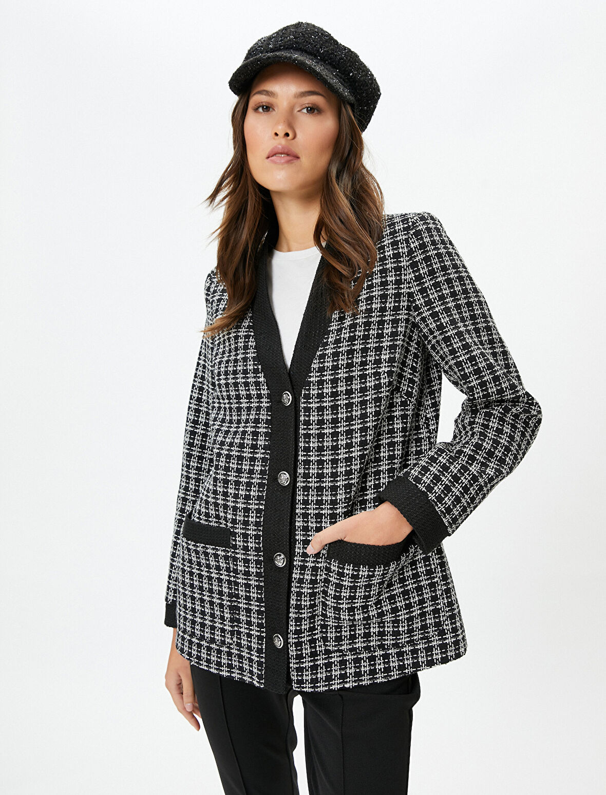 Tüvit Ceket Cepli V Yaka Düğmeli