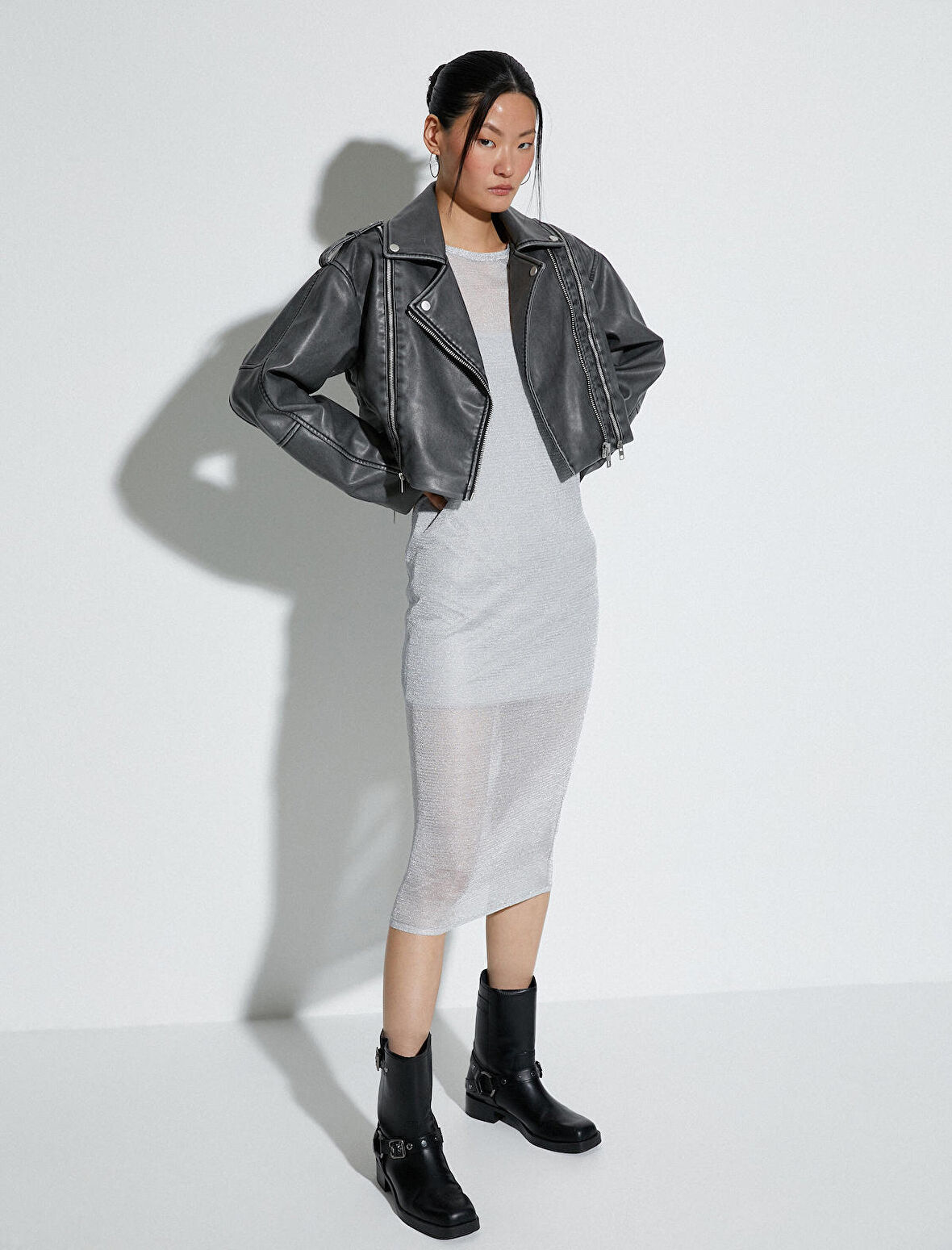 Midi Triko Elbise Metalik Simli Uzun Kollu Bisiklet Yaka