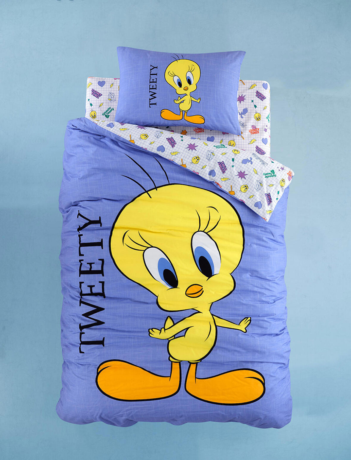 WB LOONEY TUNES  Pamuk Tek Kişilik Nevresim Takımı-MAVİ TWEETY