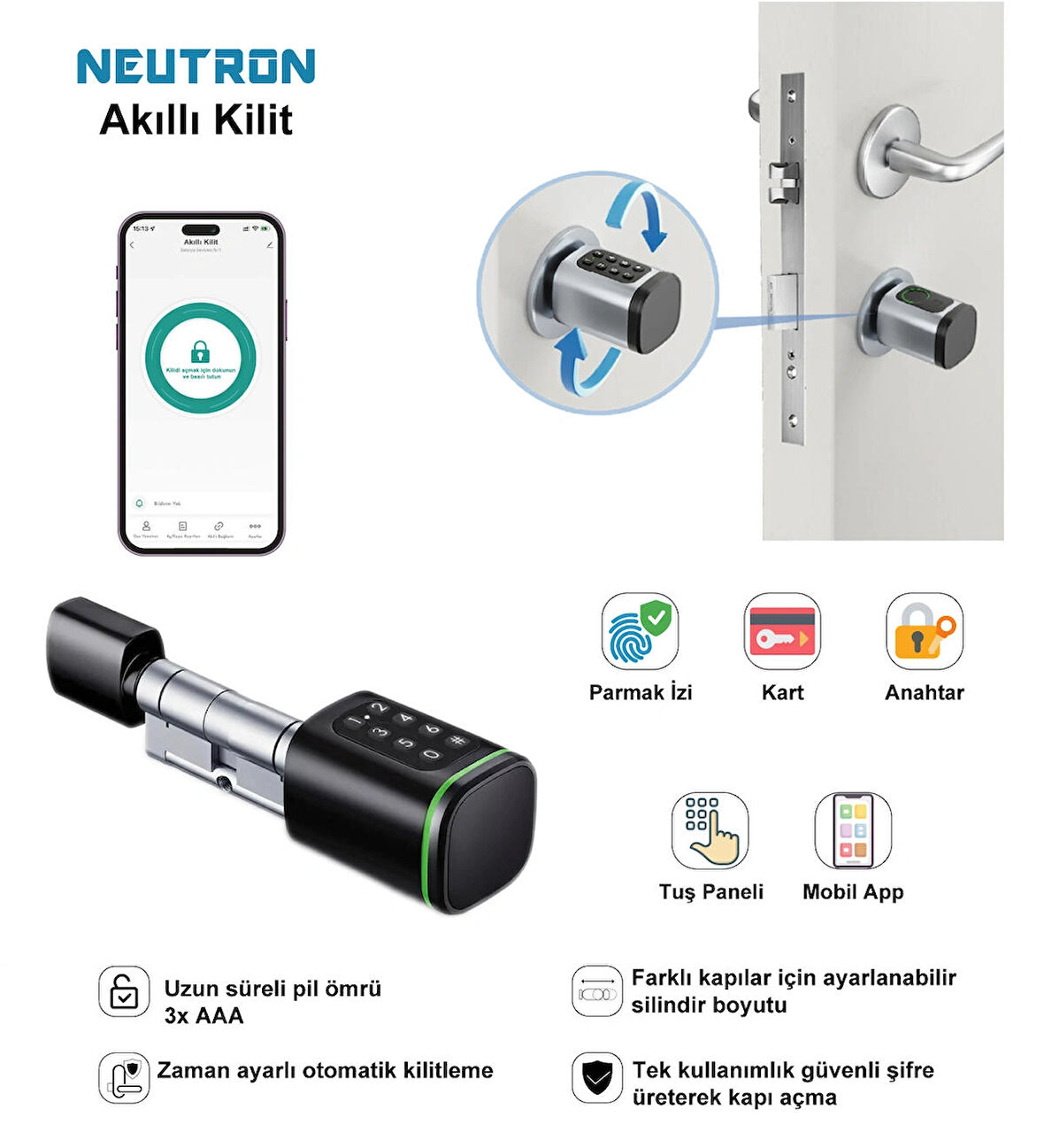NEUTRON NTL-SC-02FKPB Parmak izi, Anahtarlı, Tuşlu, Kartlı ve Uzaktan Kontrollü Akıllı Kapı Kilidi