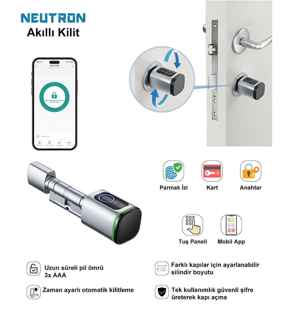 NEUTRON NTL-SC-02FKPW Parmak izi, Anahtarlı, Tuşlu, Kartlı ve Uzaktan Kontrollü Akıllı Kapı Kilidi