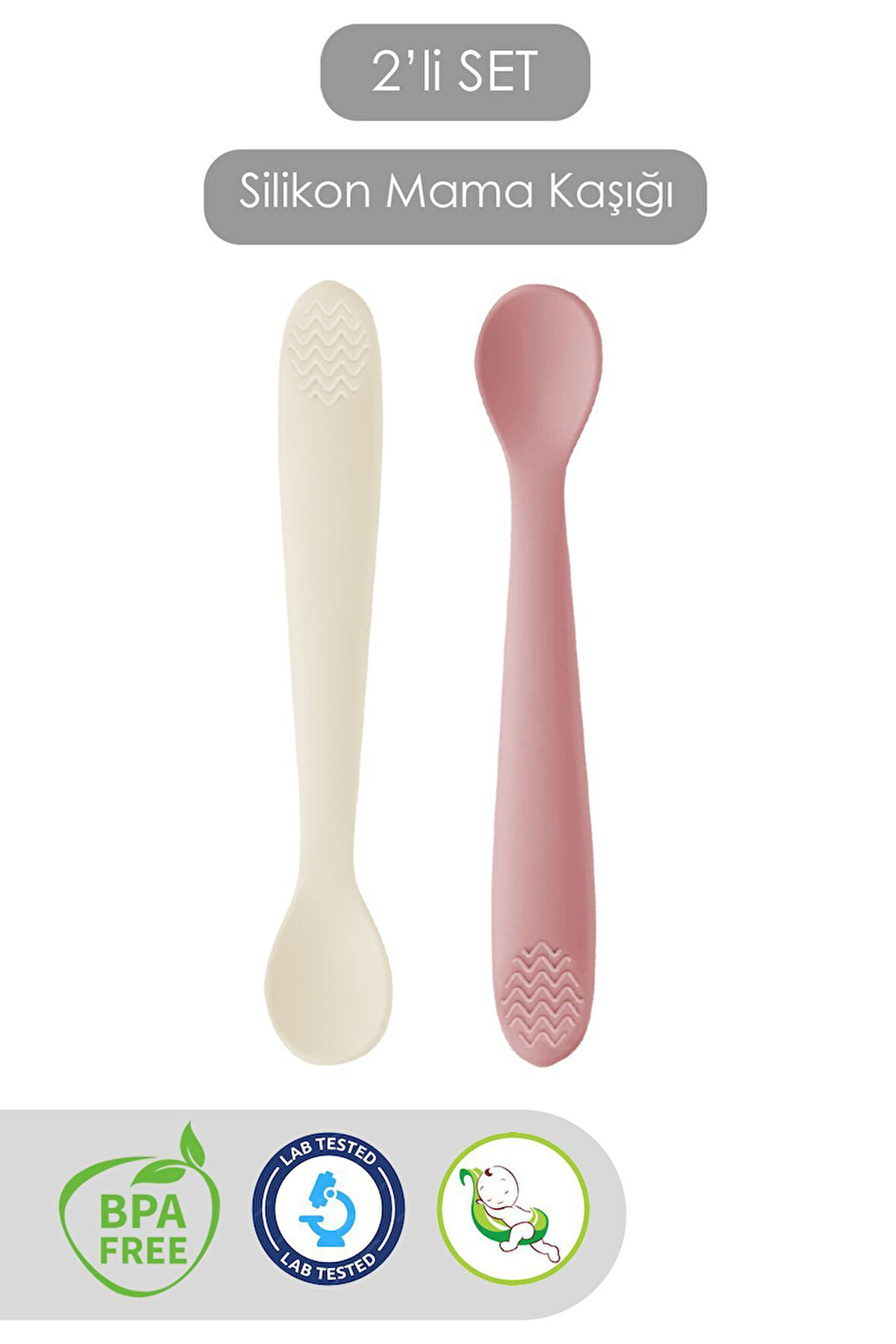 2'li Diş Kaşıyıcı Bebek Mama Kaşığı - Silikon Mama Kaşığı - Pembe, Bej