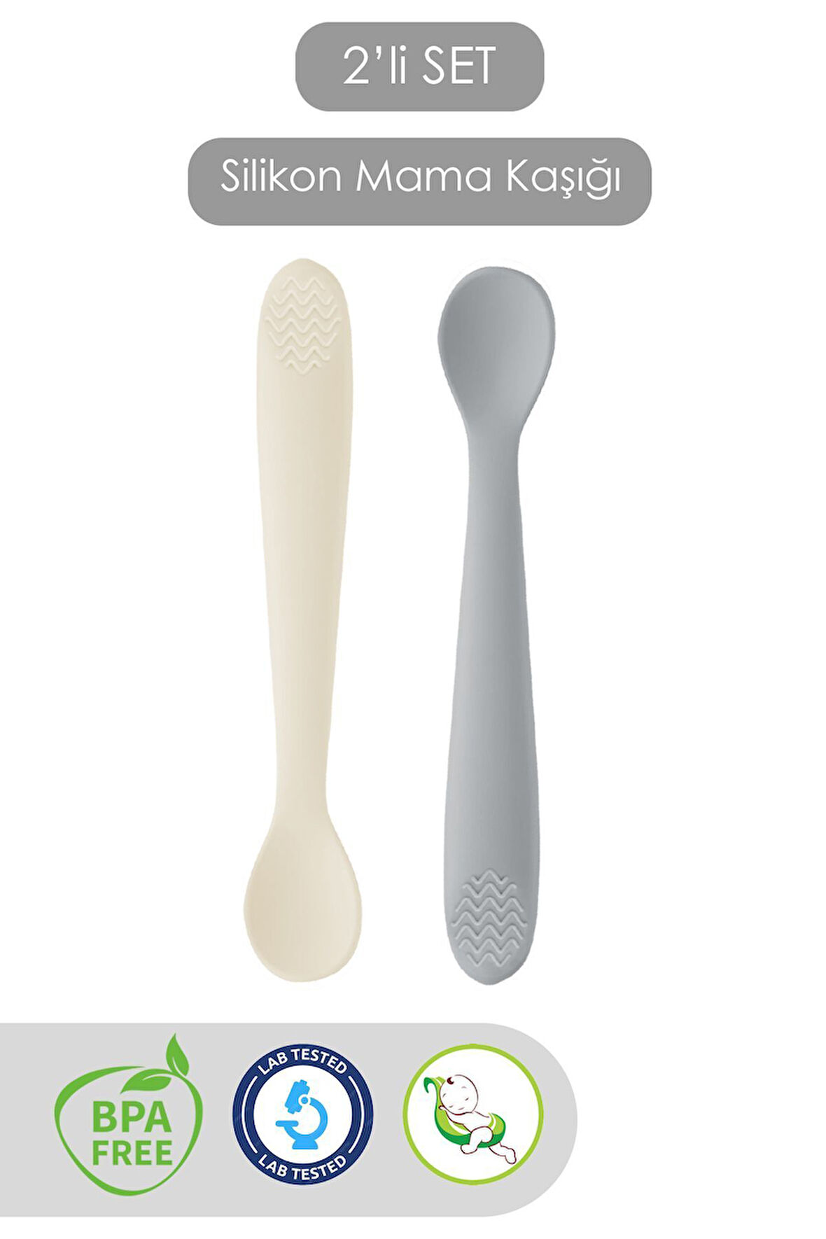 2'li Diş Kaşıyıcı Bebek Mama Kaşığı - Silikon Mama Kaşığı - Bej, Gri