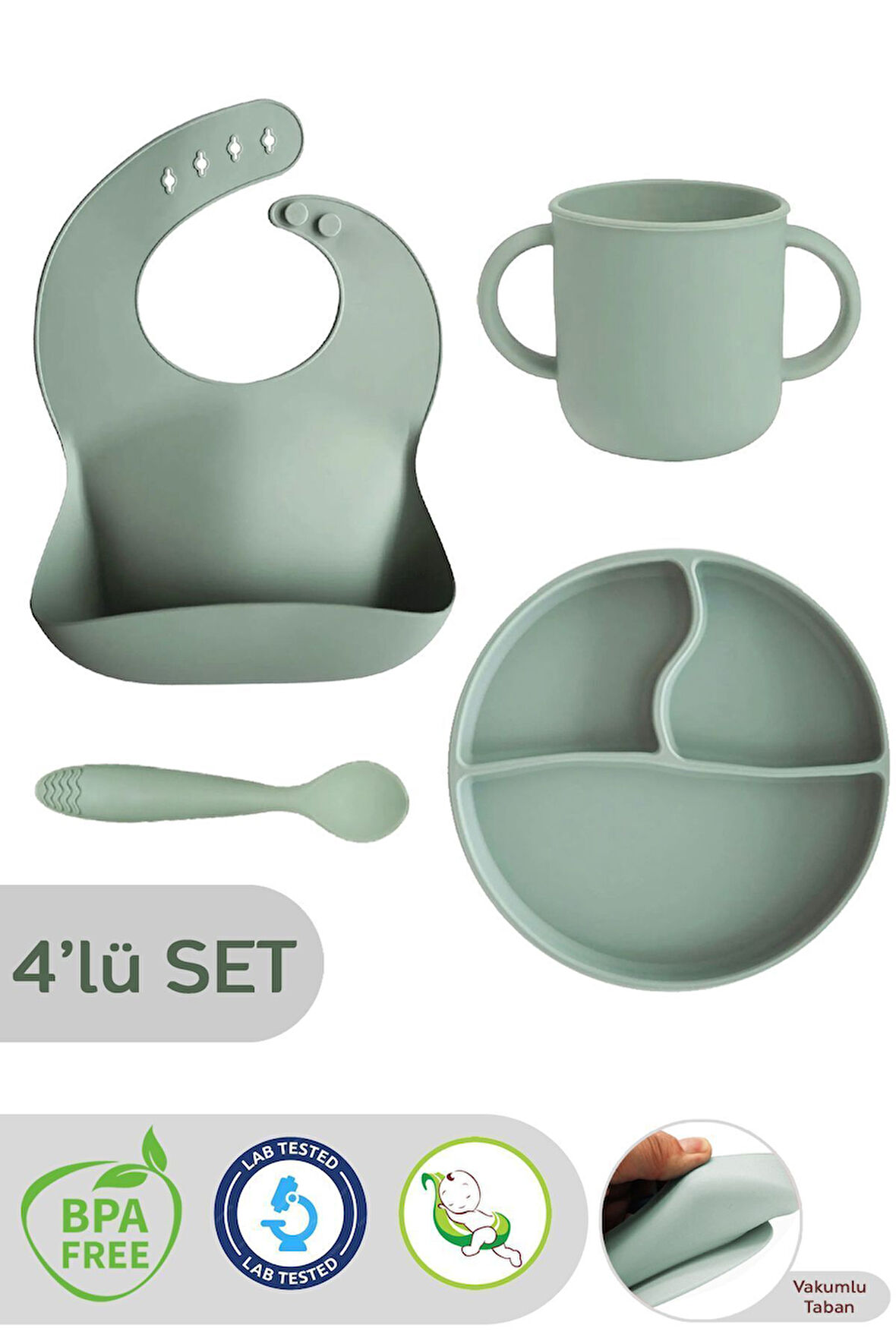 4'lü Silikon Beslenme Seti - Vakumlu Tabak, Önlük, Bardak, Diş Kaşıyıcı Kaşık - Yeşil
