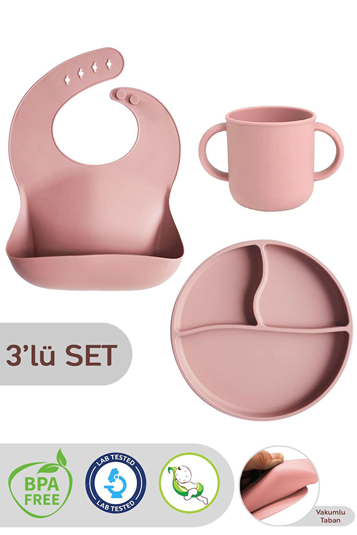 3'lü Silikon Beslenme Seti - Silikon Mama Önlüğü, Kulplu Bardak, Vakumlu Tabak - Pembe