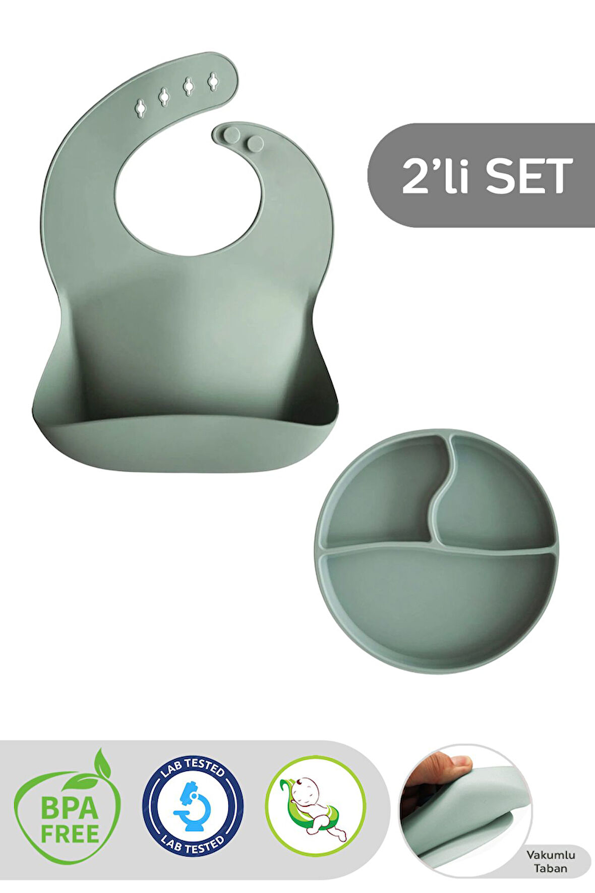 2'li Silikon Bebek Beslenme Seti - Vakumlu Tabak, Ayarlanabilir Silikon Mama Önlüğü, Yeşil