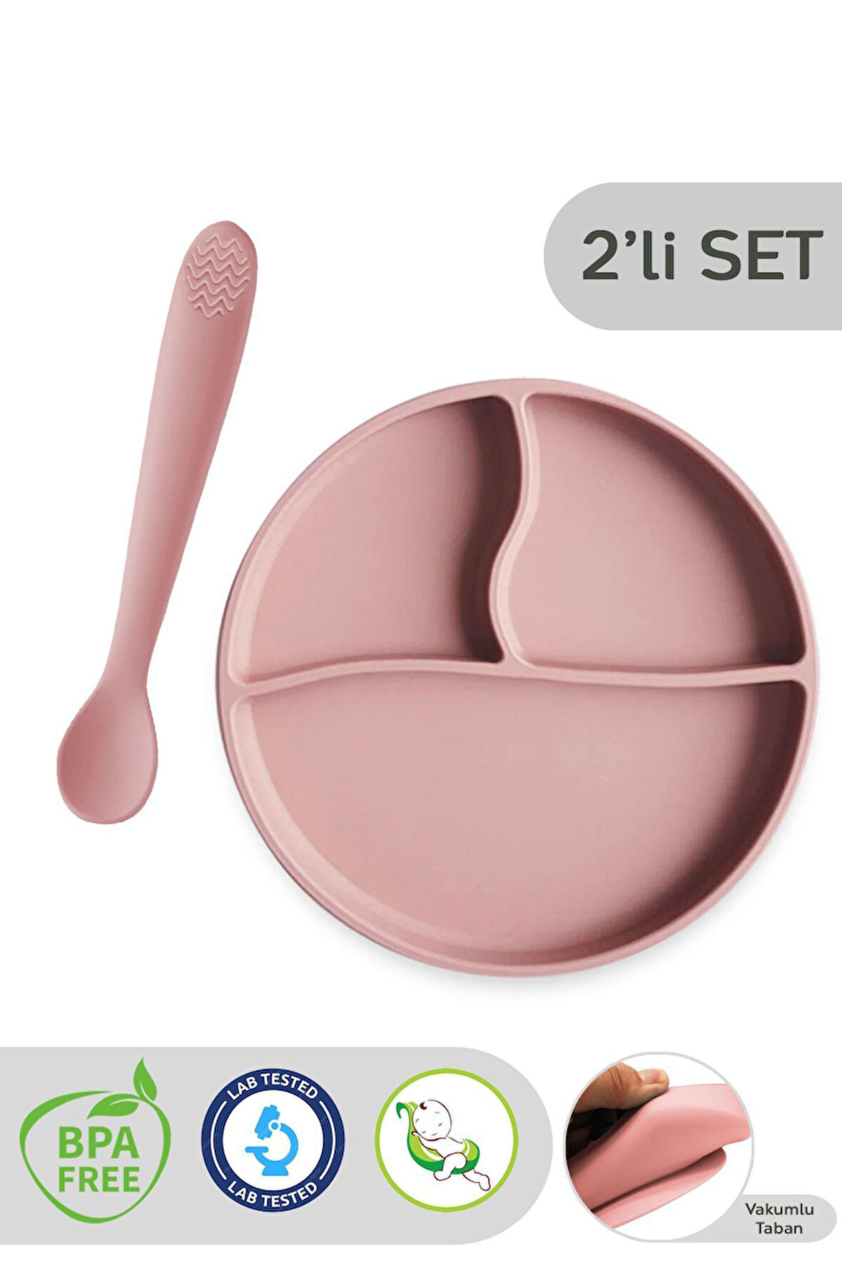 2'li Silikon Bebek Beslenme Seti - Vakumlu Tabak, Diş Kaşıyıcılı Silikon Kaşık - Pembe