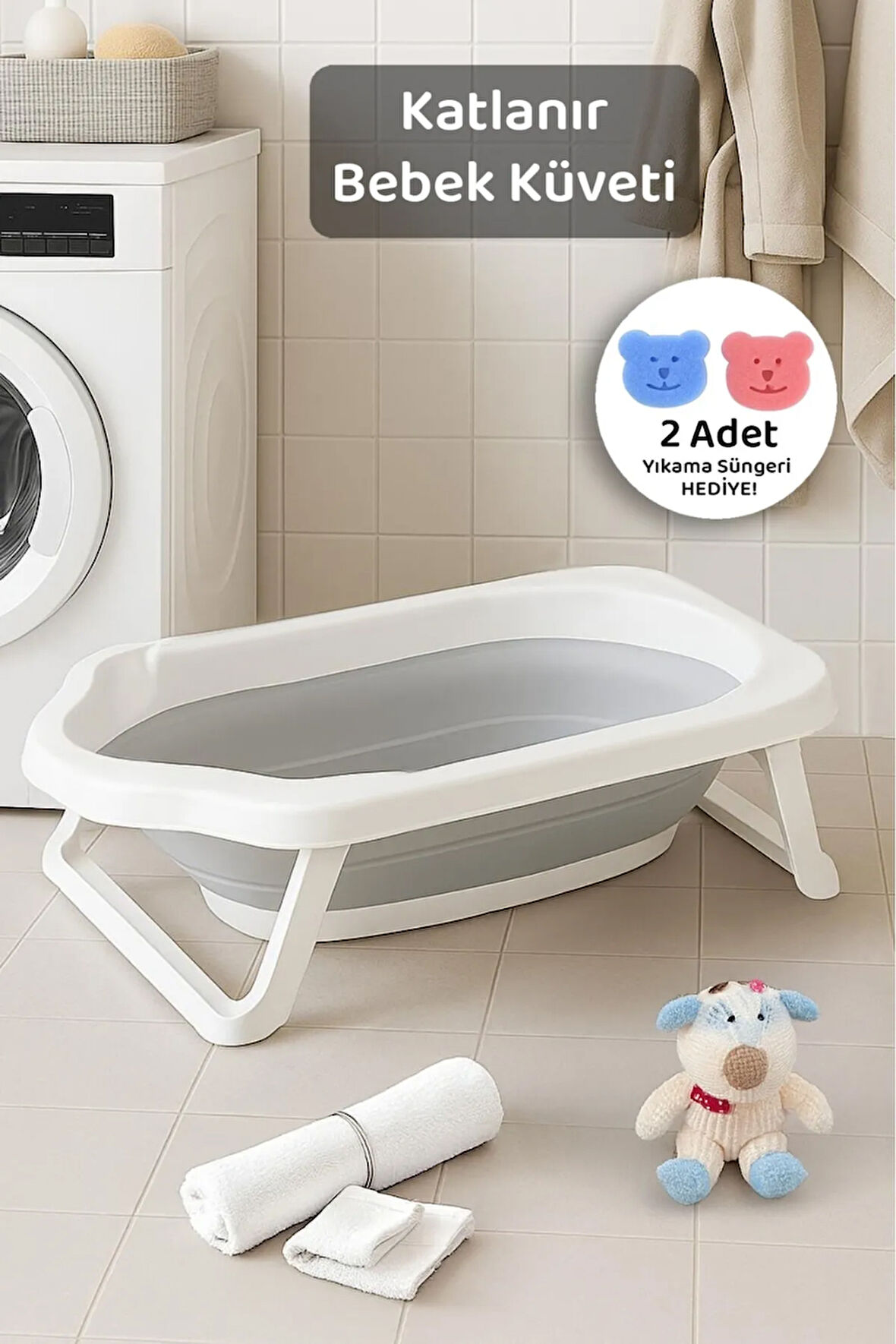 Katlanır Bebek Küveti - Akordiyon Çocuk Banyo Küveti Gri