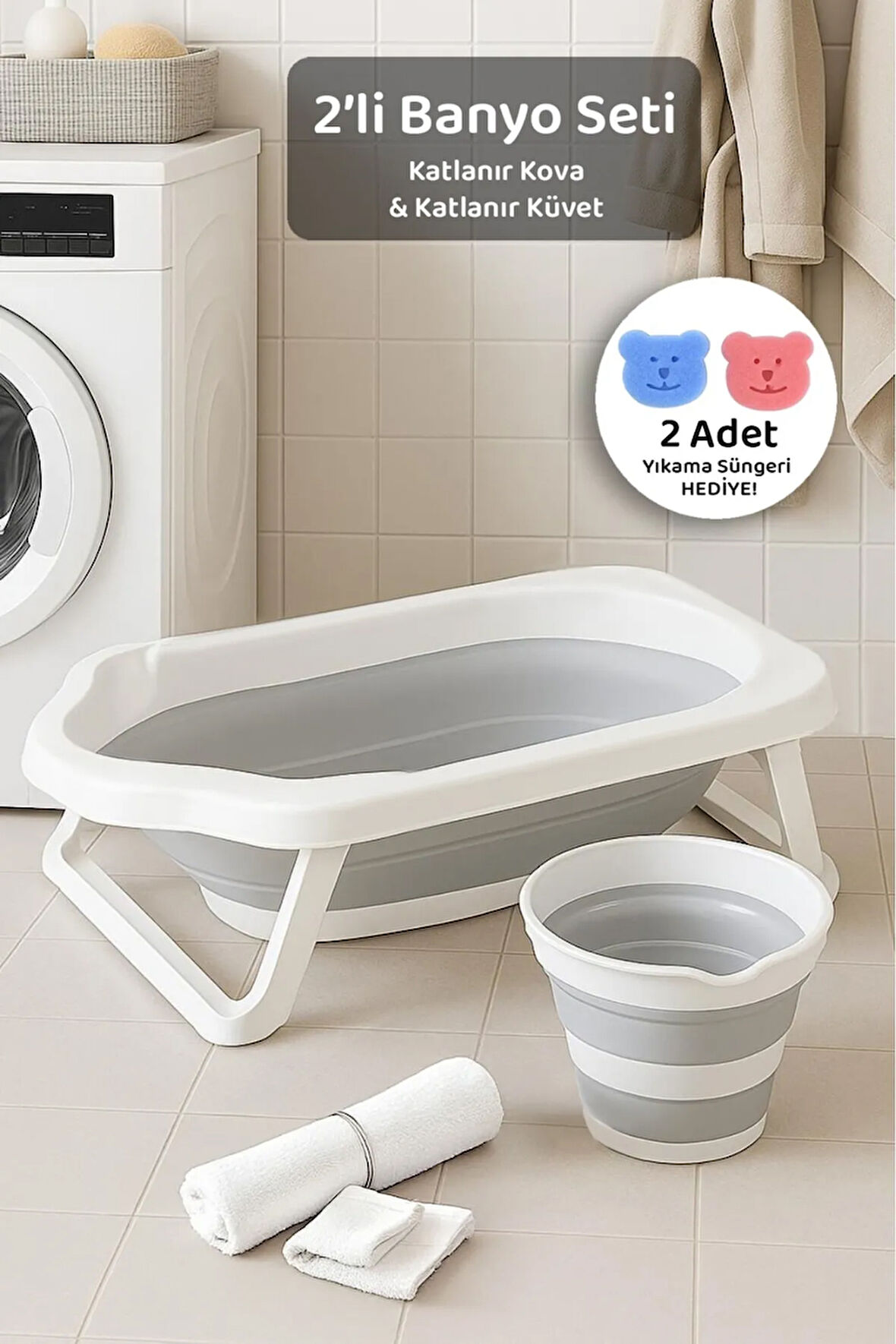 2'li Set Katlanır Bebek Banyo Seti - Katlanabilir Bebek Küveti, Su Kovası Seti - Gri