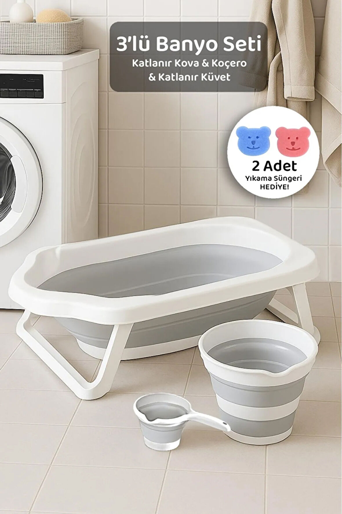 3'lü Set Katlanır Bebek Banyo Seti - Katlanabilir Bebek Küveti, Su Kovası, Maşrapa Seti - Gri