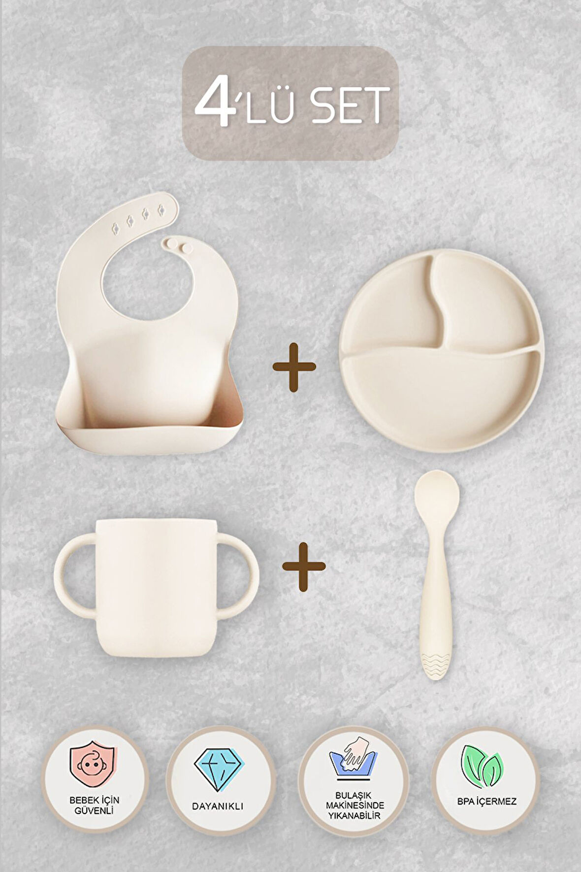 4'lü Silikon Beslenme Seti - Silikon Mama Önlüğü Kulplu Bardak Vakum Tabanlı Tabak Mama Kaşığı Krem