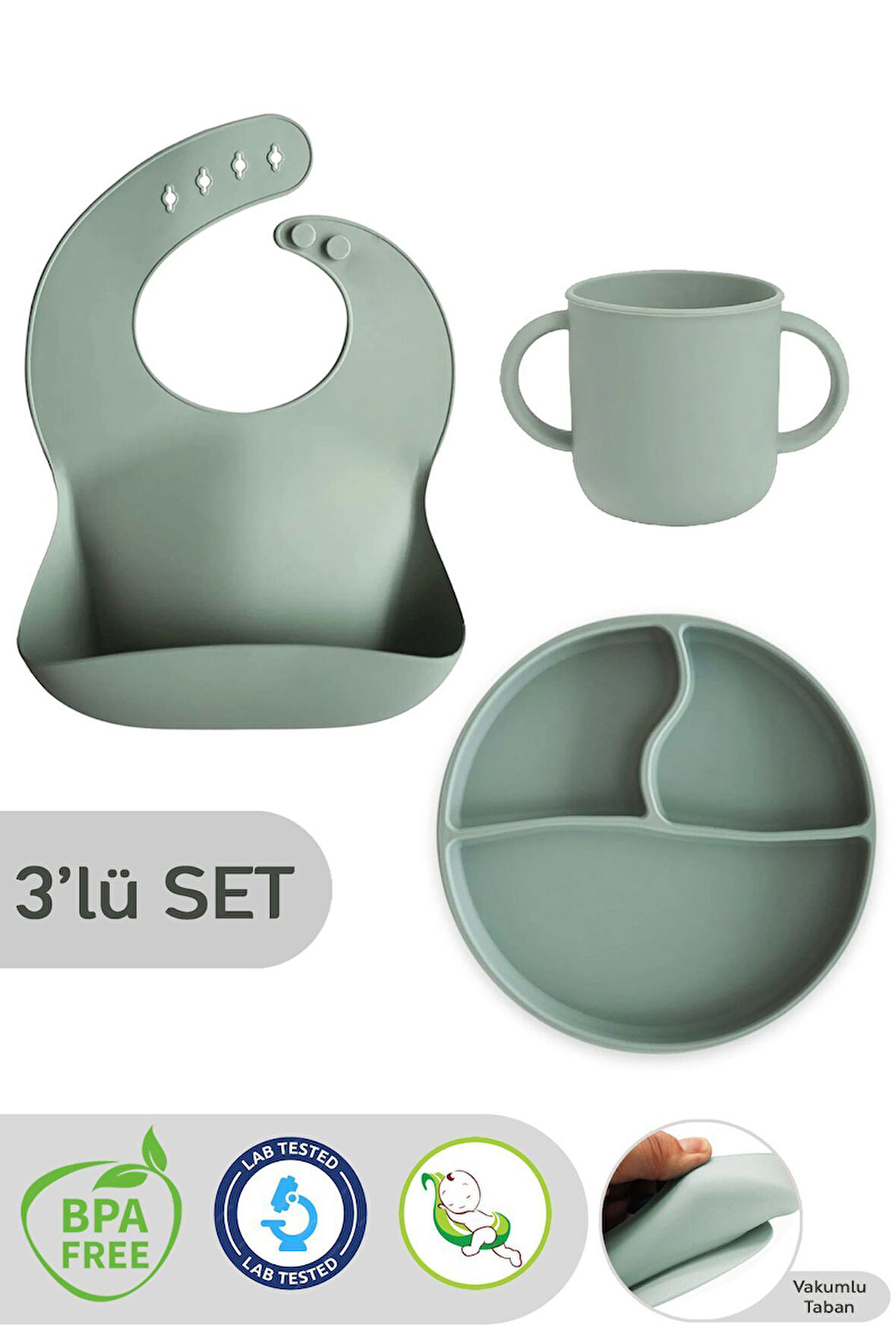 3'lü Silikon Beslenme Seti - Silikon Mama Önlüğü, Vakumlu Tabak, Kulplu Bardak - Yeşil