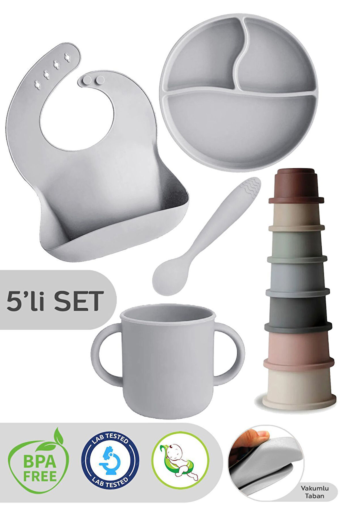5'li Set Silikon Mama Önlüğü, Bardak, Vakumlu Tabak, Kaşık, Kule Aktivite Oyuncağı - Gri