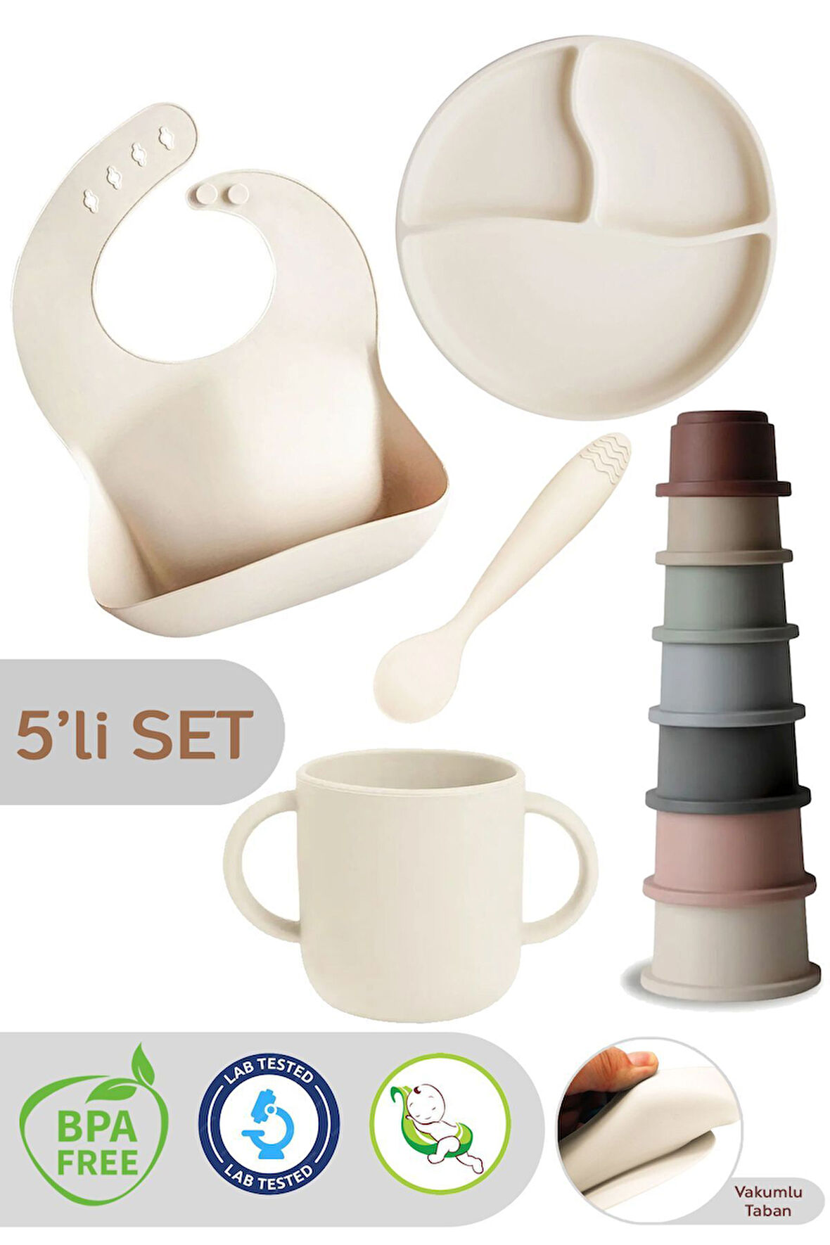 5'li Set Silikon Mama Önlüğü, Bardak, Vakumlu Tabak, Kaşık, Kule Aktivite Oyuncağı - Bej