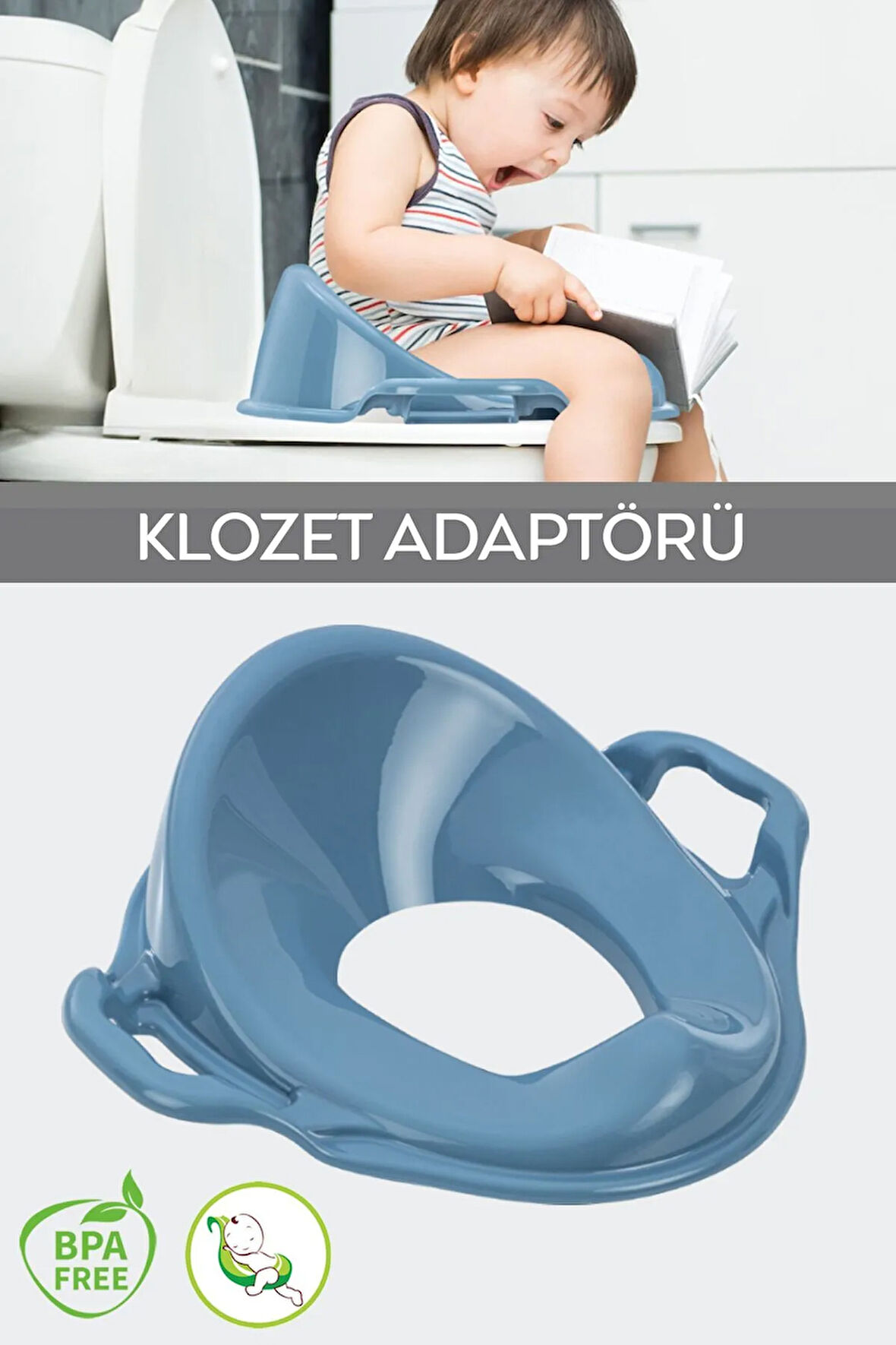 Unisex Çocuk Kulplu Klozet Kapağı Adaptörü - Tuvalet Eğitimi Alıştırma Oturağı - Mavi