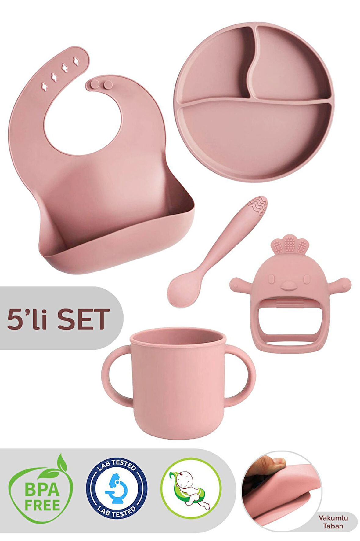 5'li Set Silikon Mama Önlüğü, Kulplu Bardak, Vakumlu Tabak, Mama Kaşığı,diş Kaşıyıcı,pembe