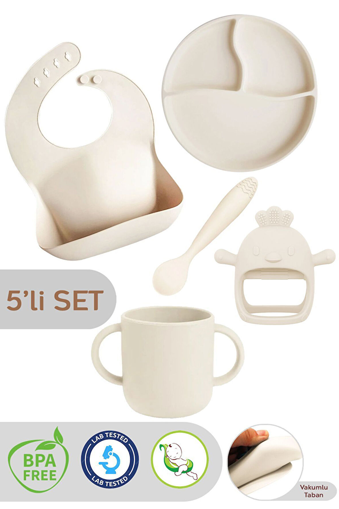 5'li Set Silikon Mama Önlüğü, Kulplu Bardak, Vakumlu Tabak, Mama Kaşığı, Diş Kaşıyıcı -bej