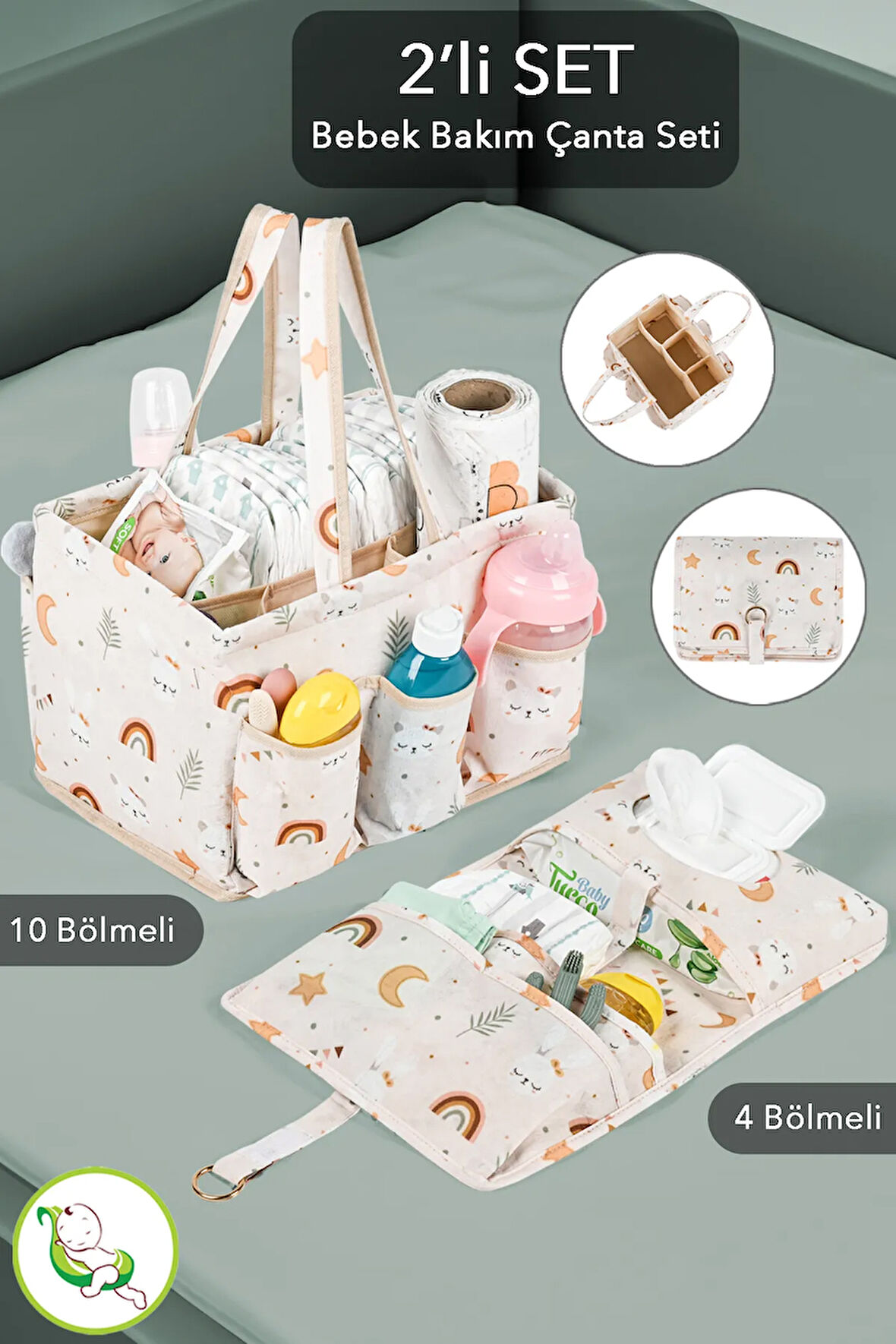 2'li Set Çok Amaçlı Bölmeli Bebek Bakım Çantası+Bebek Alt Açma Bez Islak Mendil Düzenleme Organizeri