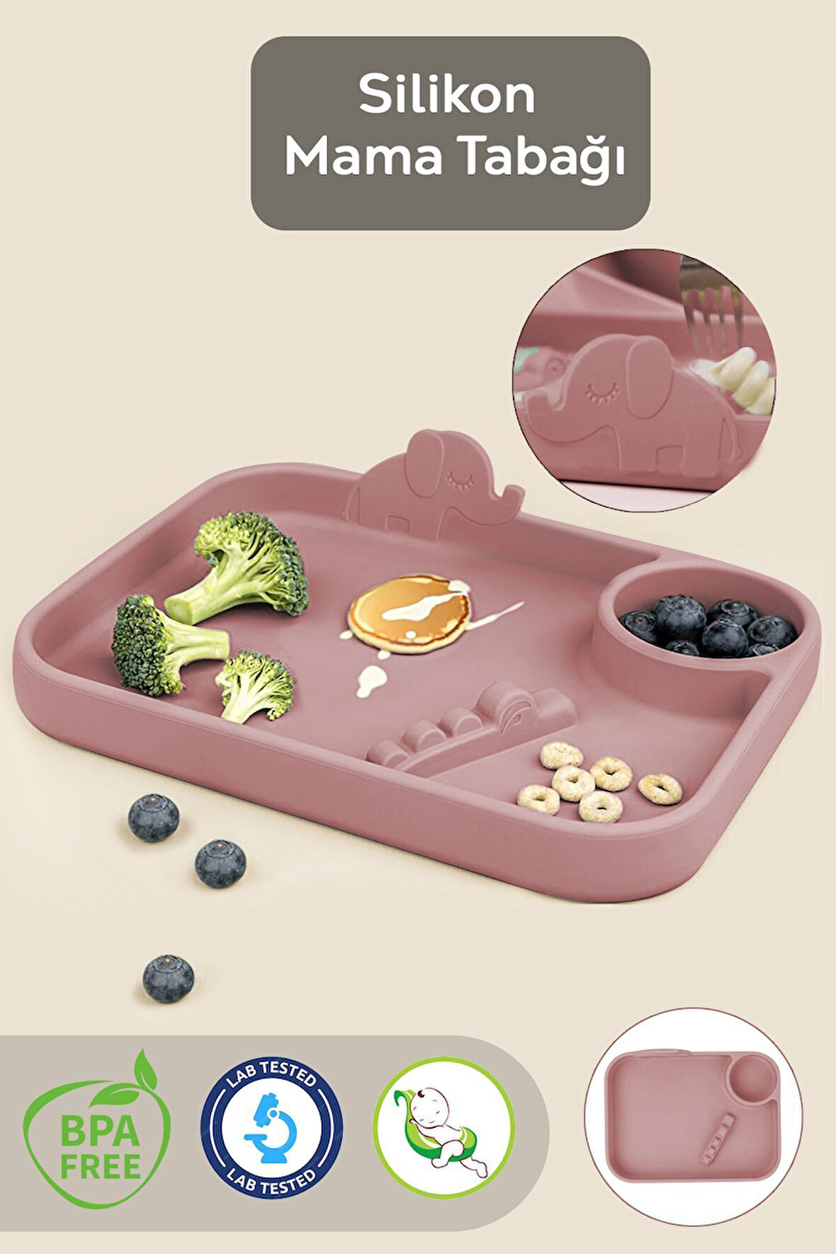 Silikon 3 Bölmeli Bebek Beslenme Tabağı ,silikon Tabak, Silikon Beslenme Aksesuarı - Pembe