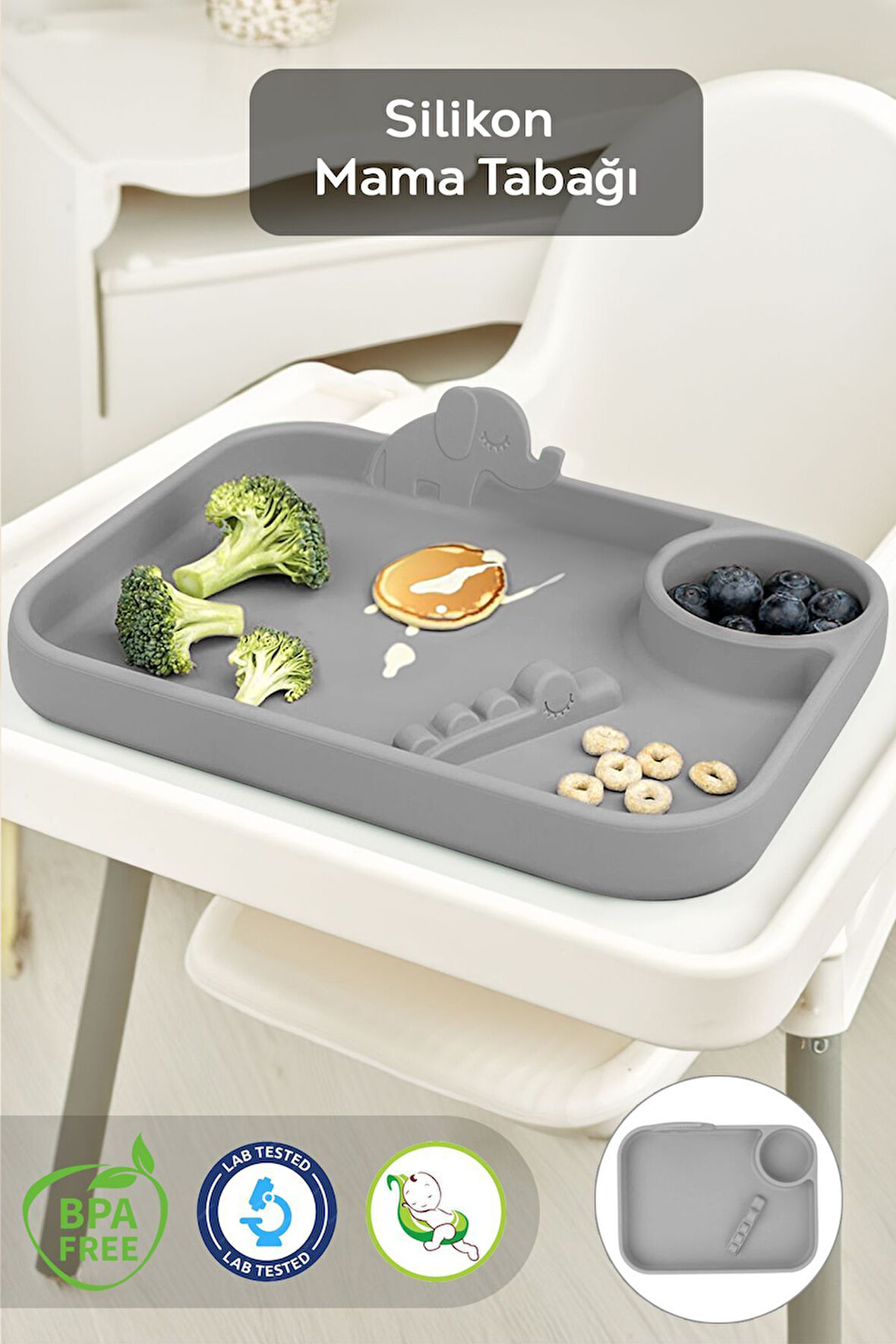 Silikon 3 Bölmeli Bebek Beslenme Tabağı - Silikon Tabak - Silikon Beslenme Aksesuarı - Gri