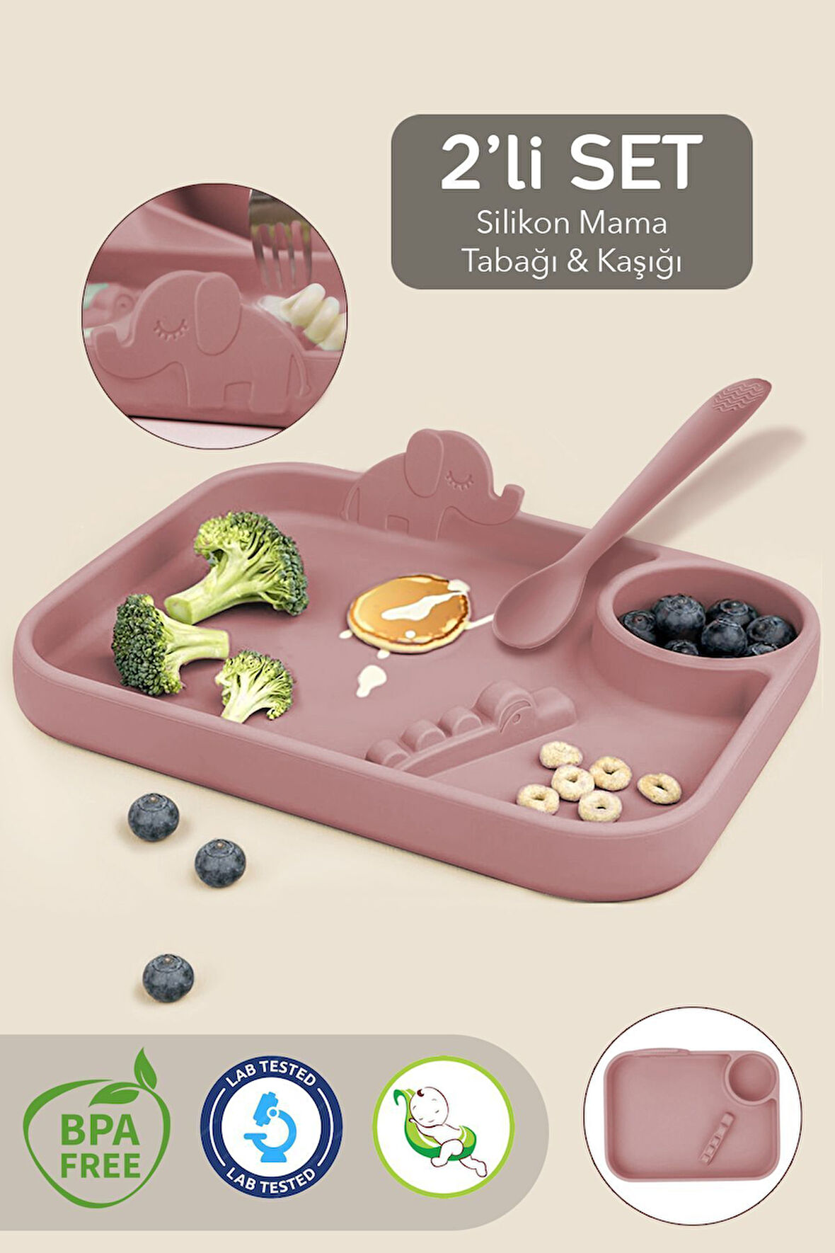 2'li Silikon Beslenme Seti - 3 Bölmeli Silikon Beslenme Tabağı, Silikon Diş Kaşıyıcı Kaşık - Pembe