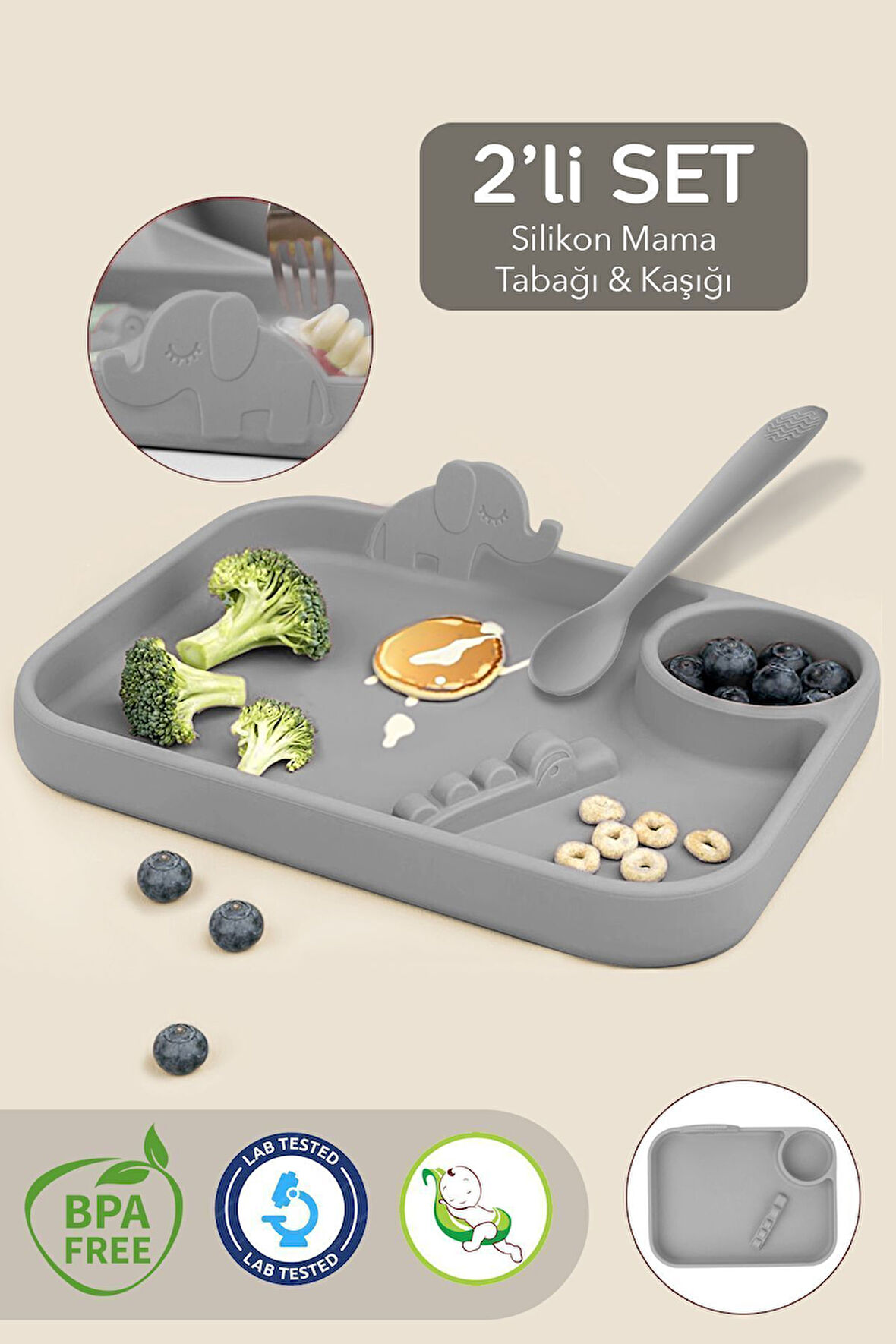 2'li Silikon Beslenme Seti - 3 Bölmeli Silikon Beslenme Tabağı, Diş Kaşıyıcı Özellikli Kaşık - Gri