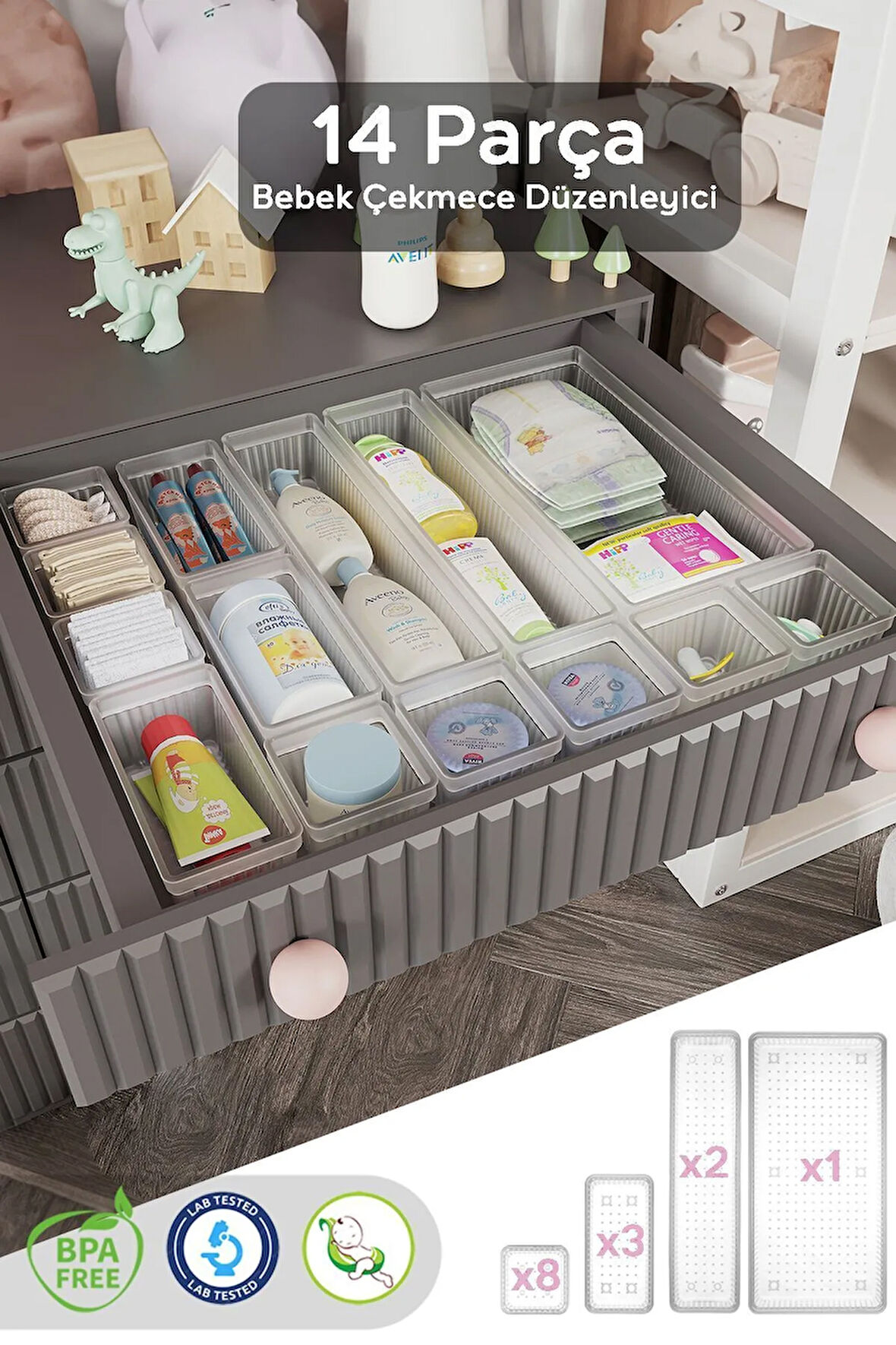 14 Parça Bebek Çekmece Düzenleyici - Bebek Organizer - Bebek Bakım Organizer - Şeffaf