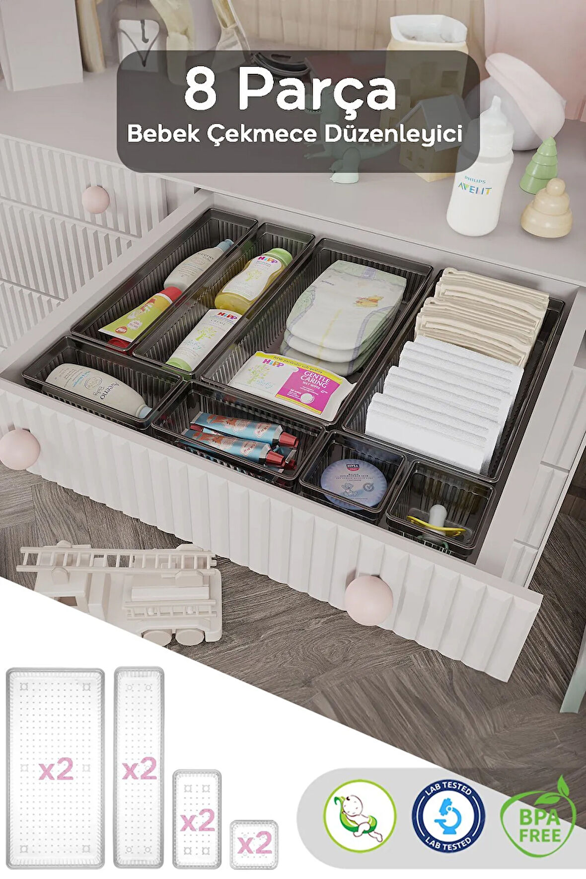 8 Parça Bebek Çekmece Düzenleyici - Bebek Organizer - Bebek Bakım Organizer - Antrasit