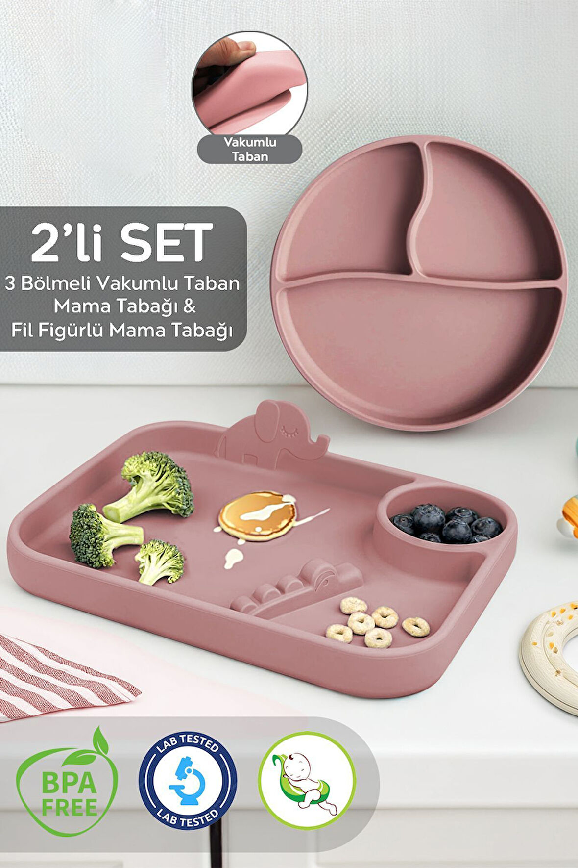 2'li Bebek Silikon Beslenme Seti, Vakumlu Tabak, 3 Bölmeli Silikon Tabak Seti - Pembe