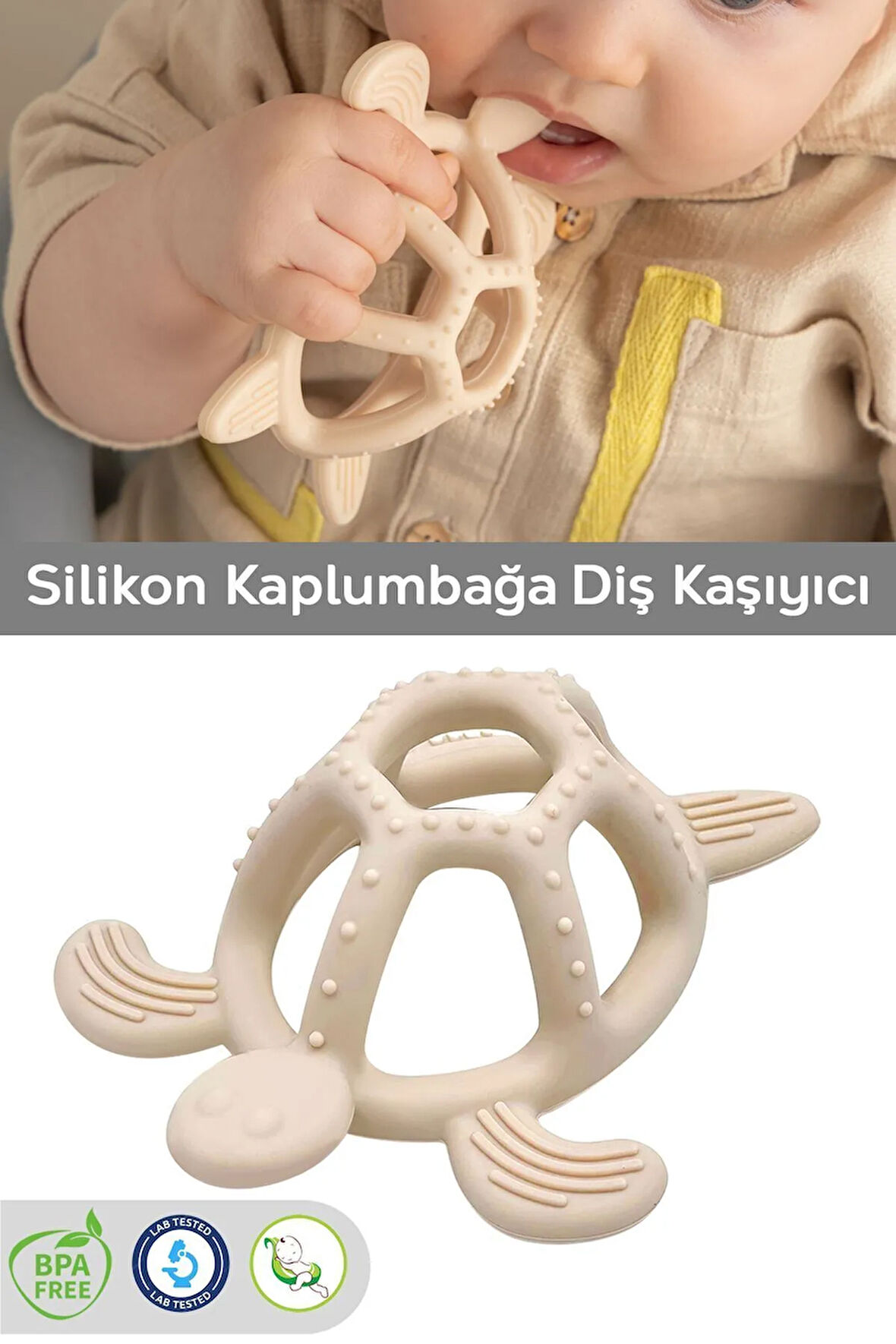 Kaplumbağa Figürlü Bebek Dişlik - Diş Kaşıyıcı Bebek Dişliği - Bej